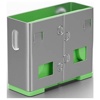 Graue rechteckige Metallgehäuse mit grünem Innenraum und Sockel, dargestellt in 3D-Perspektive auf weißem Hintergrund.