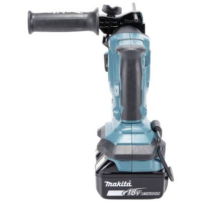 Ein handgeführter, kabelloser Winkelschleifer in Blau mit schwarzem Griff, betrieben mit einem 18V Lithium-Ionen Akku.