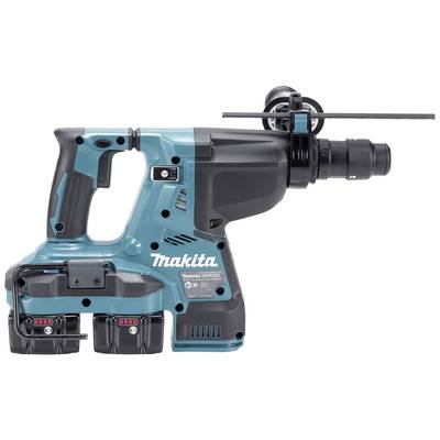 Akkubohrhammer in Türkis und Schwarz von Makita. Seitliche Ansicht zeigt Griffe, Motorgehäuse und zwei Batterien.
