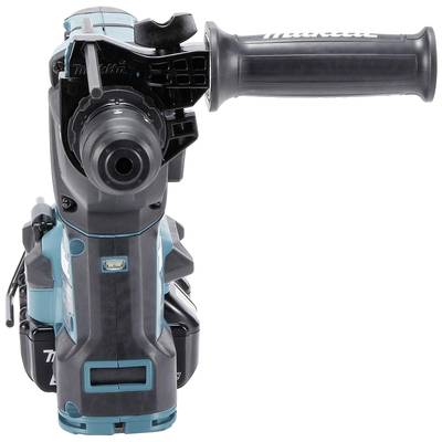 Eine blaue Bohrmaschine von vorne mit schwarzem Handgriff, geeignet für Bau- oder Heimwerkerarbeiten.
