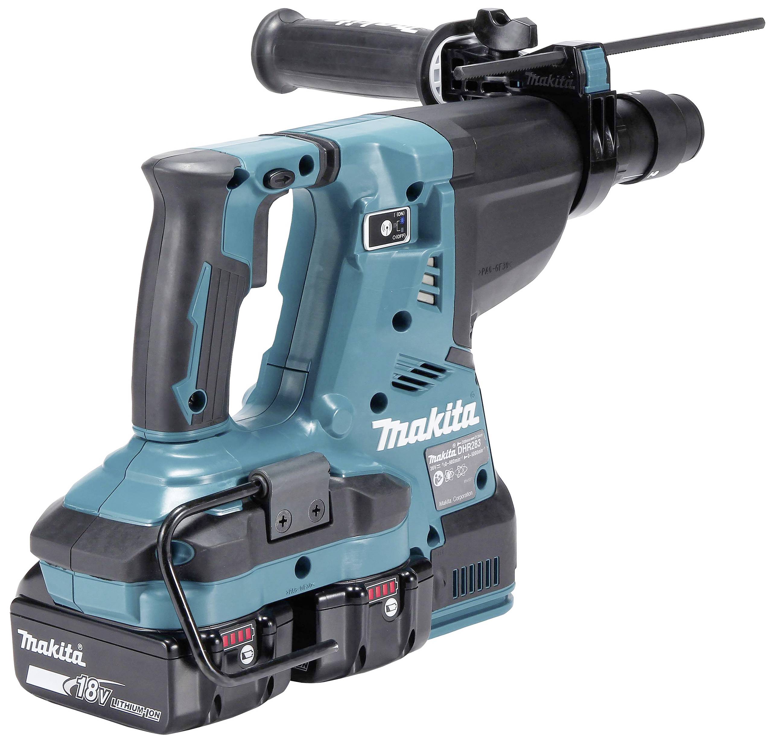 Ein blauer Makita Akku-Bohrhammer mit 18V, geeignet für schwere Bohrarbeiten. Drahtlos, mit ergonomischem Griff und Zusatzhandgriff.