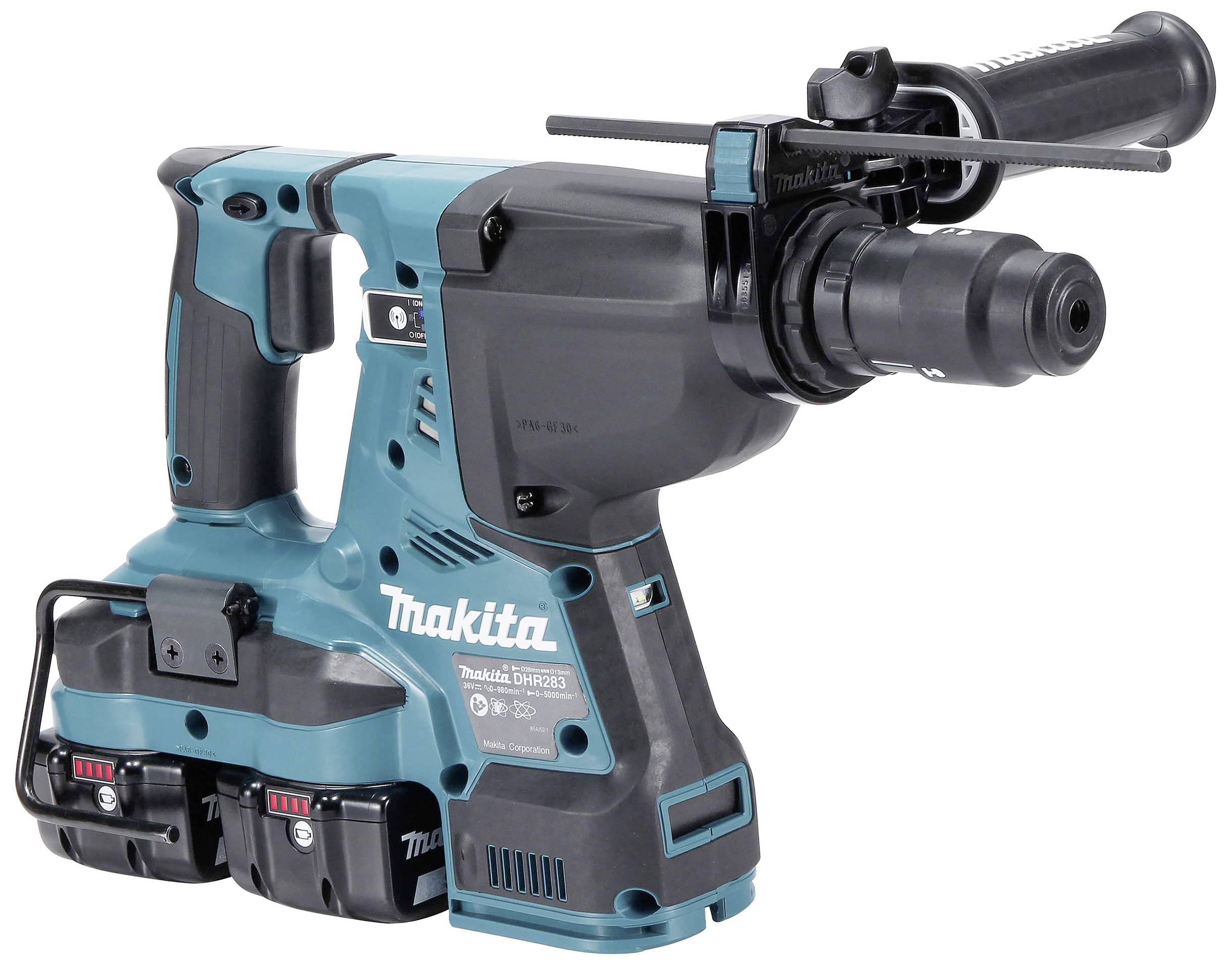 Ein kabelloser Makita-Bohrhammer in Blau und Schwarz mit zwei Akkus, seitlichem Griff und Einsteckbohrfutter.