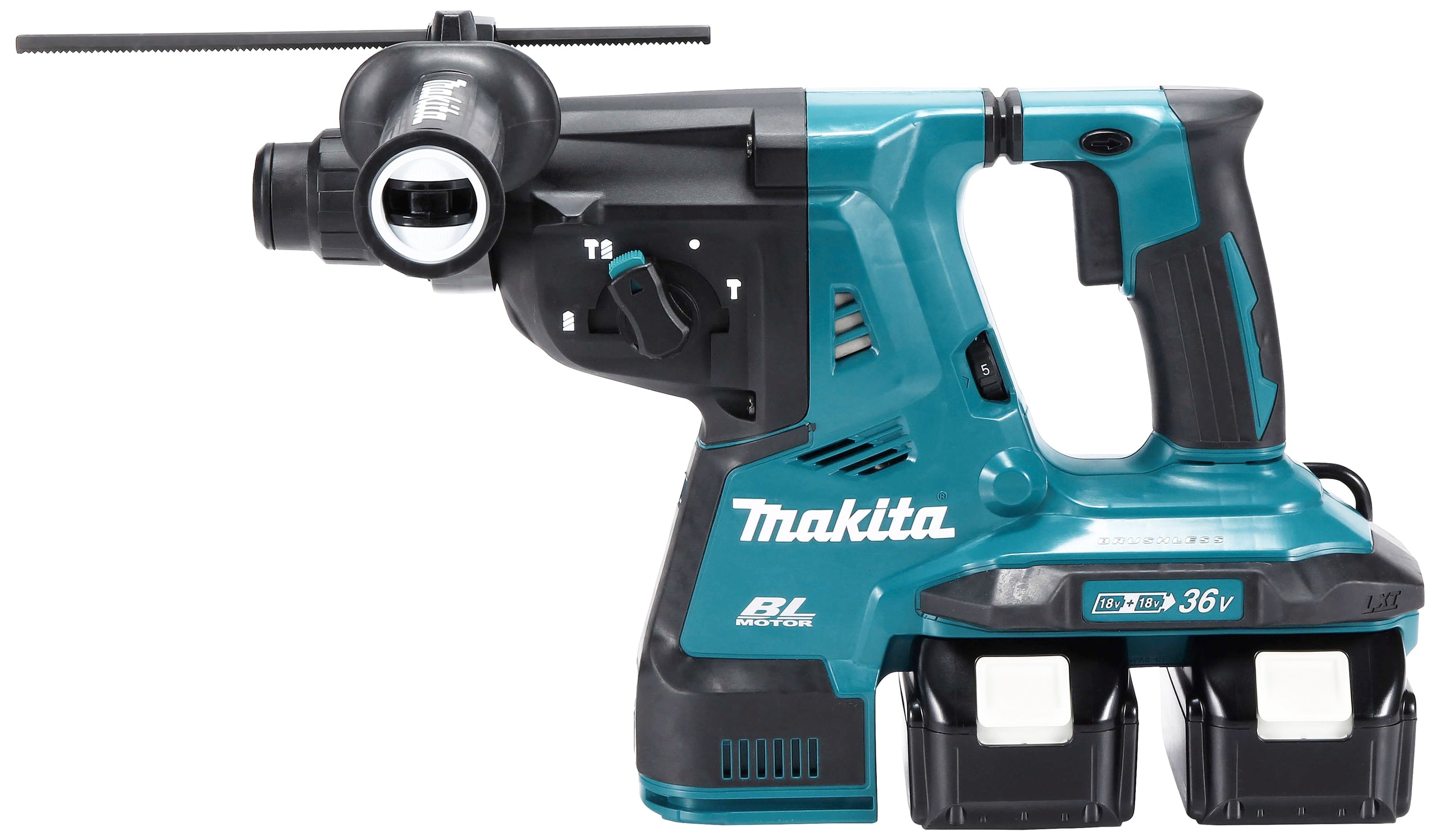 Ein handgehaltener Bohrhammer in blau und schwarz mit zwei Akkus, seitlichem Griff und Bedienelementen zur Einstellung von Bohrmodi.