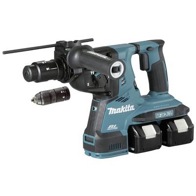 Ein blau-grüner kabelloser Bohrhammer mit zwei Akkus. Marke: Makita. Er verfügt über ein Wechselbohrfutter und ist für schwere Arbeiten geeignet.