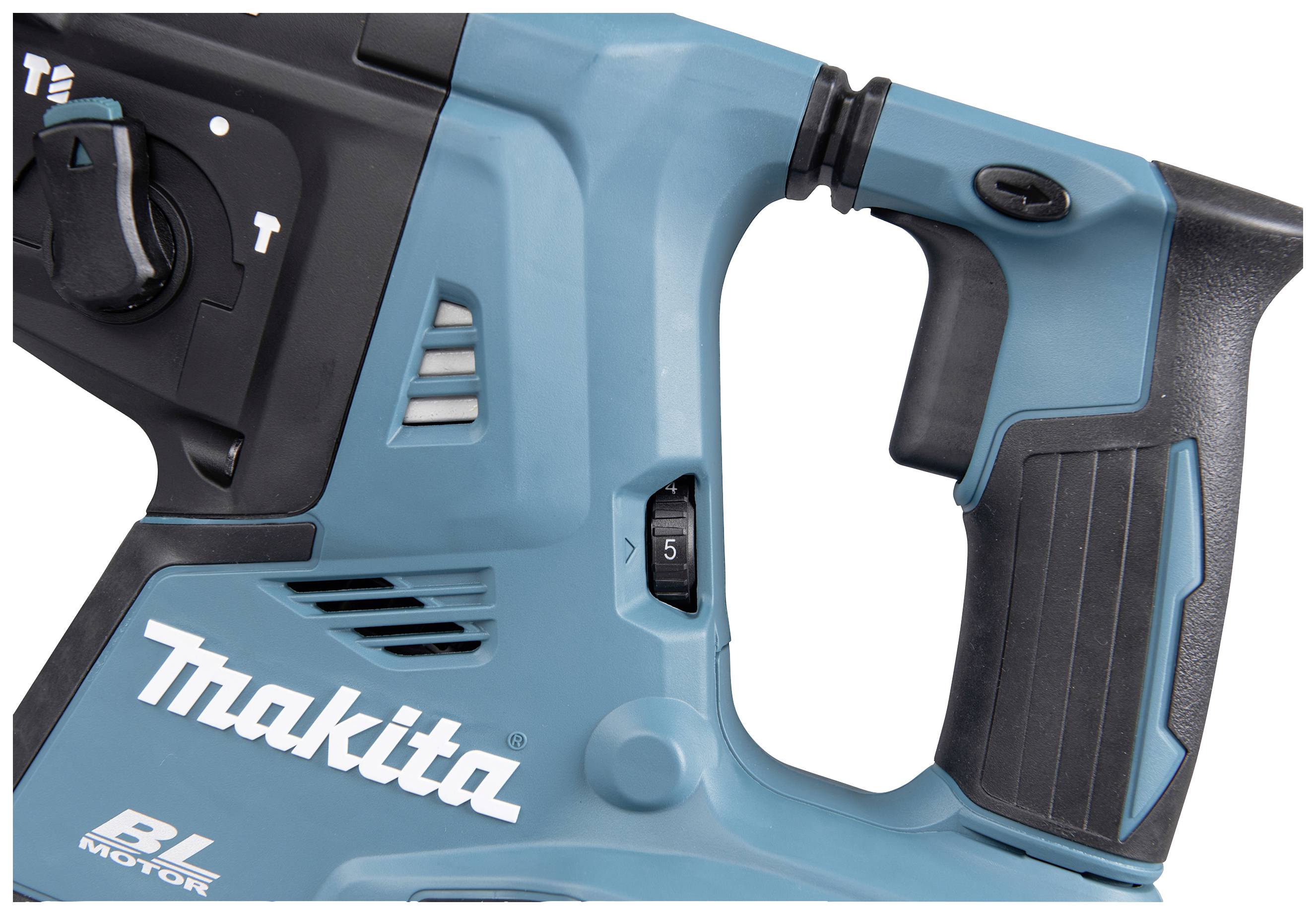 Ein Ausschnitt eines elektrischen Geräts mit einem blauen Griff und einem Logo-Aufdruck. Wahrscheinlich handelt es sich um ein Werkzeug.