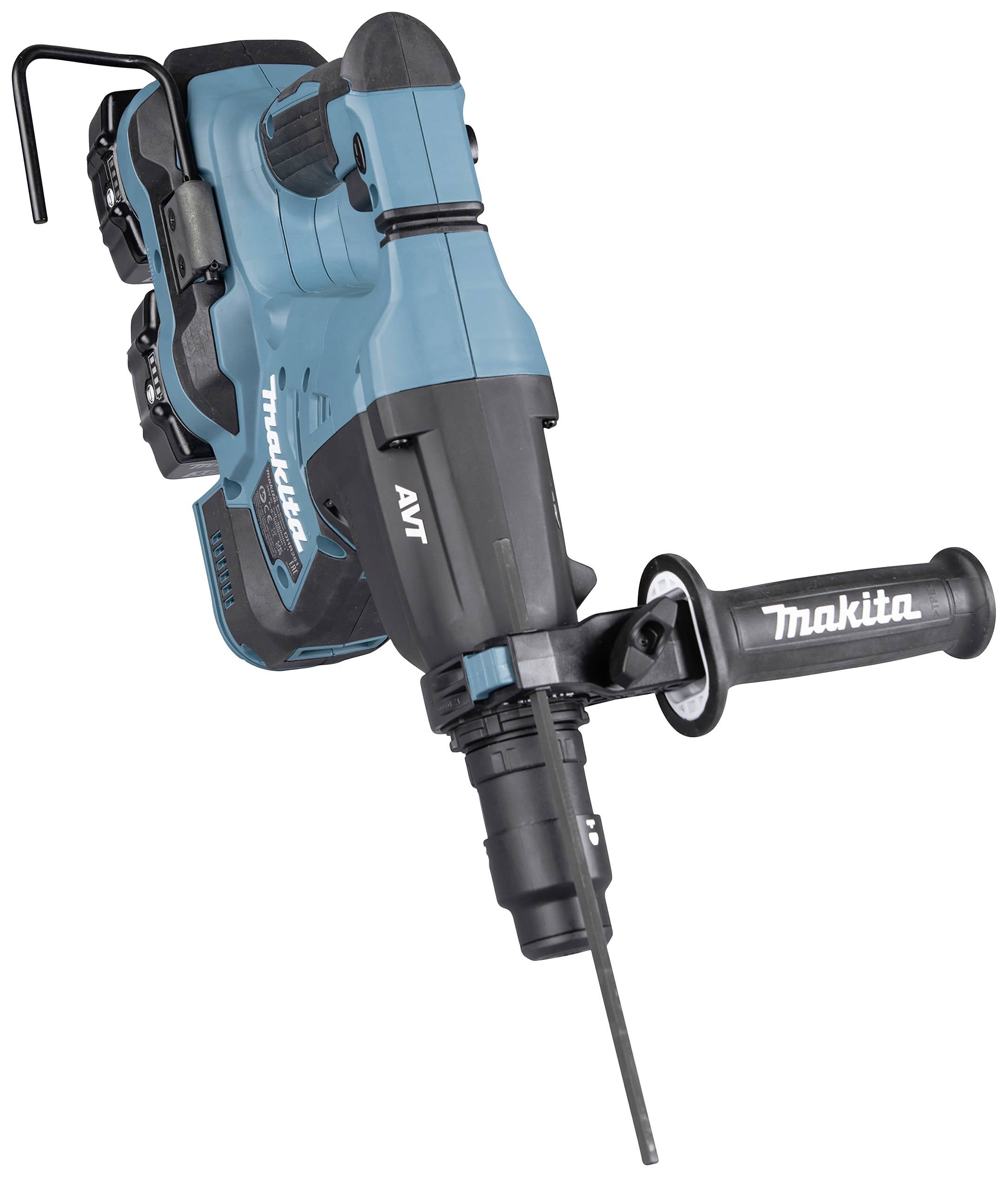 Elektrohammer in Blau-Schwarz mit Griff und Spitzmeißel, ohne Kabel.