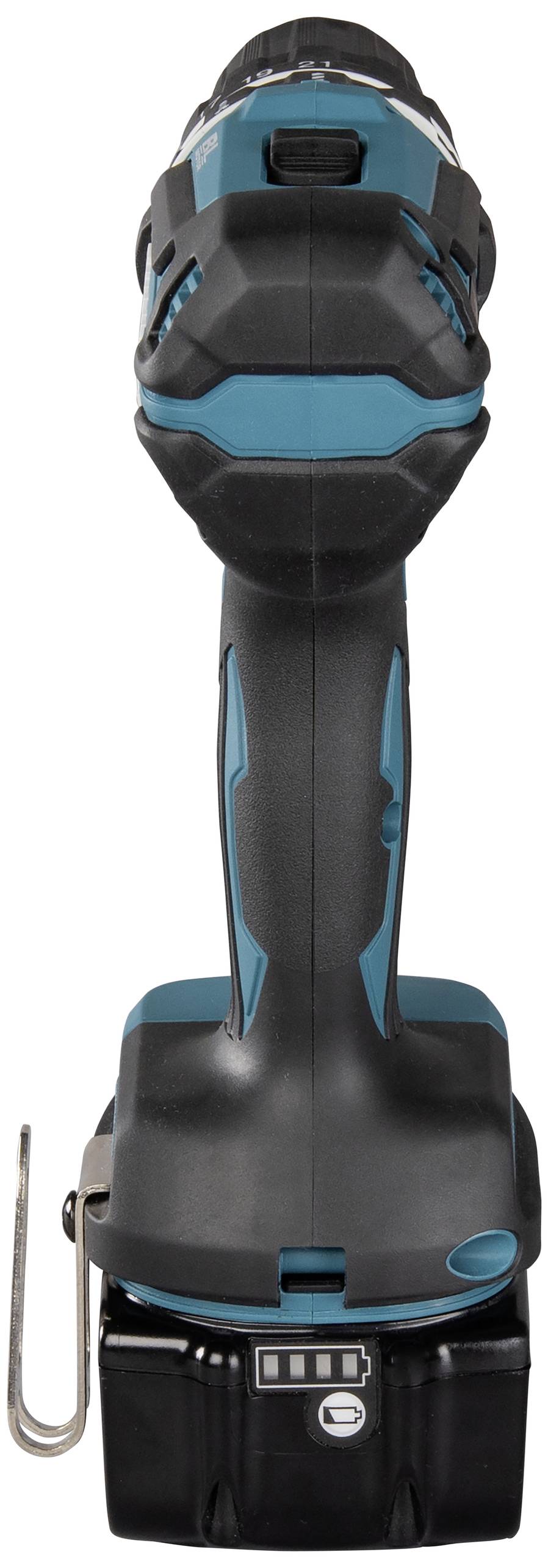 Akkubohrschrauber, schwarz-blau, von vorn mit sichtbarem Akkuteil und Gürtelhaken auf der linken Seite.