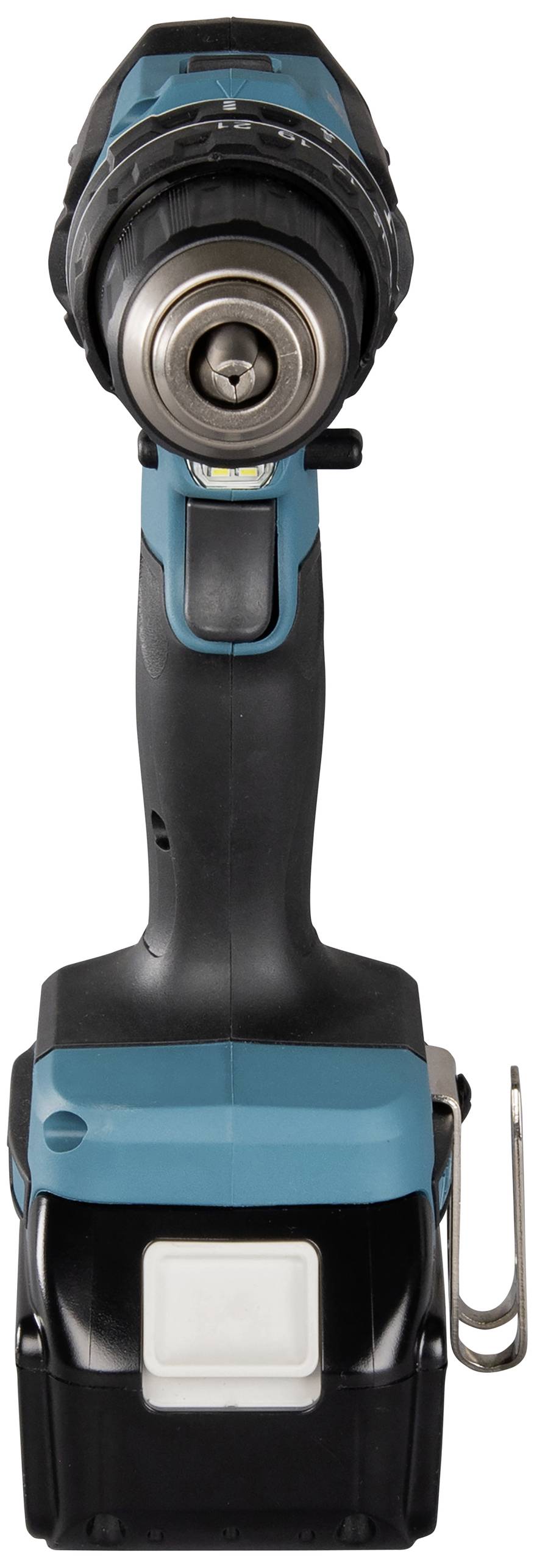 Akkubohrer in blau-schwarzer Farbe, frontal abgebildet.