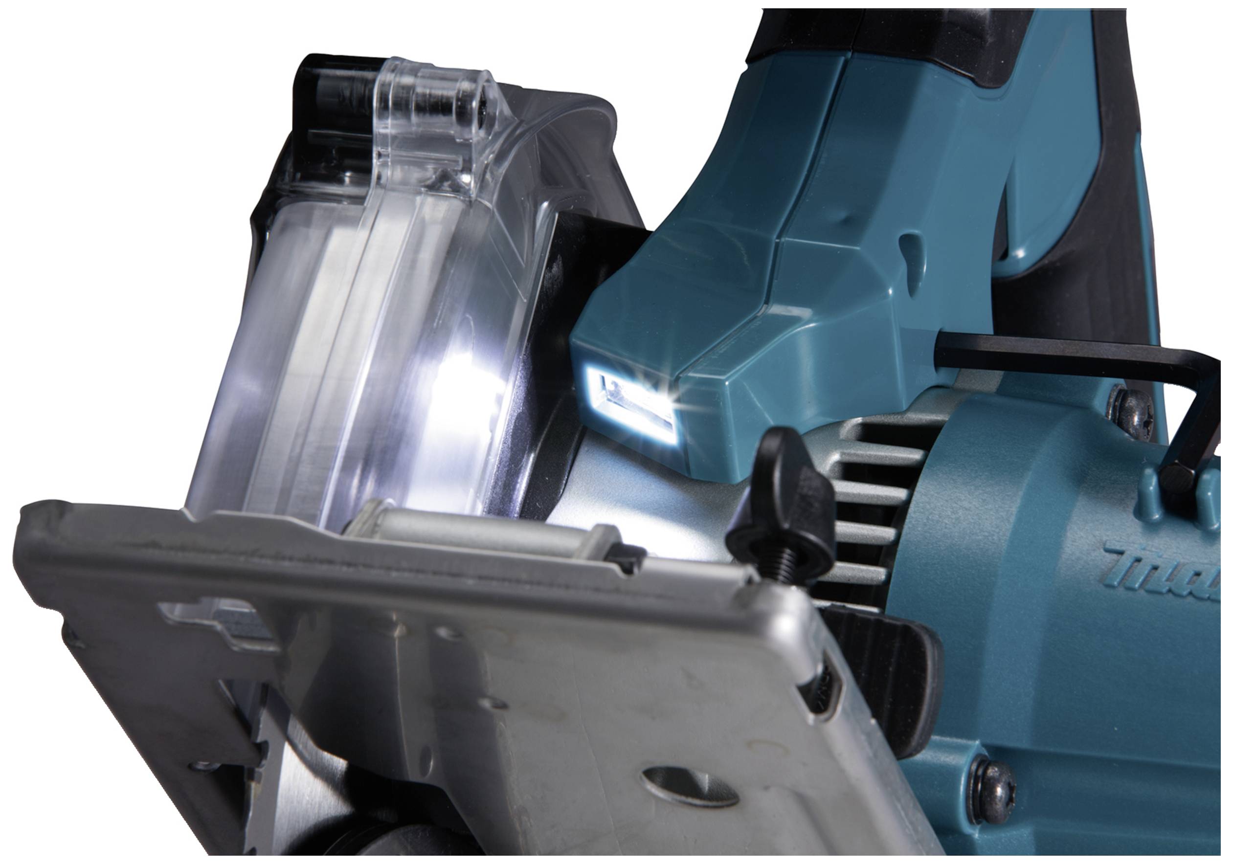 Eine blaue Handkreissäge mit silbernem Sägeblatt und Licht. Frontansicht, betont den Schutz und die Bauweise.