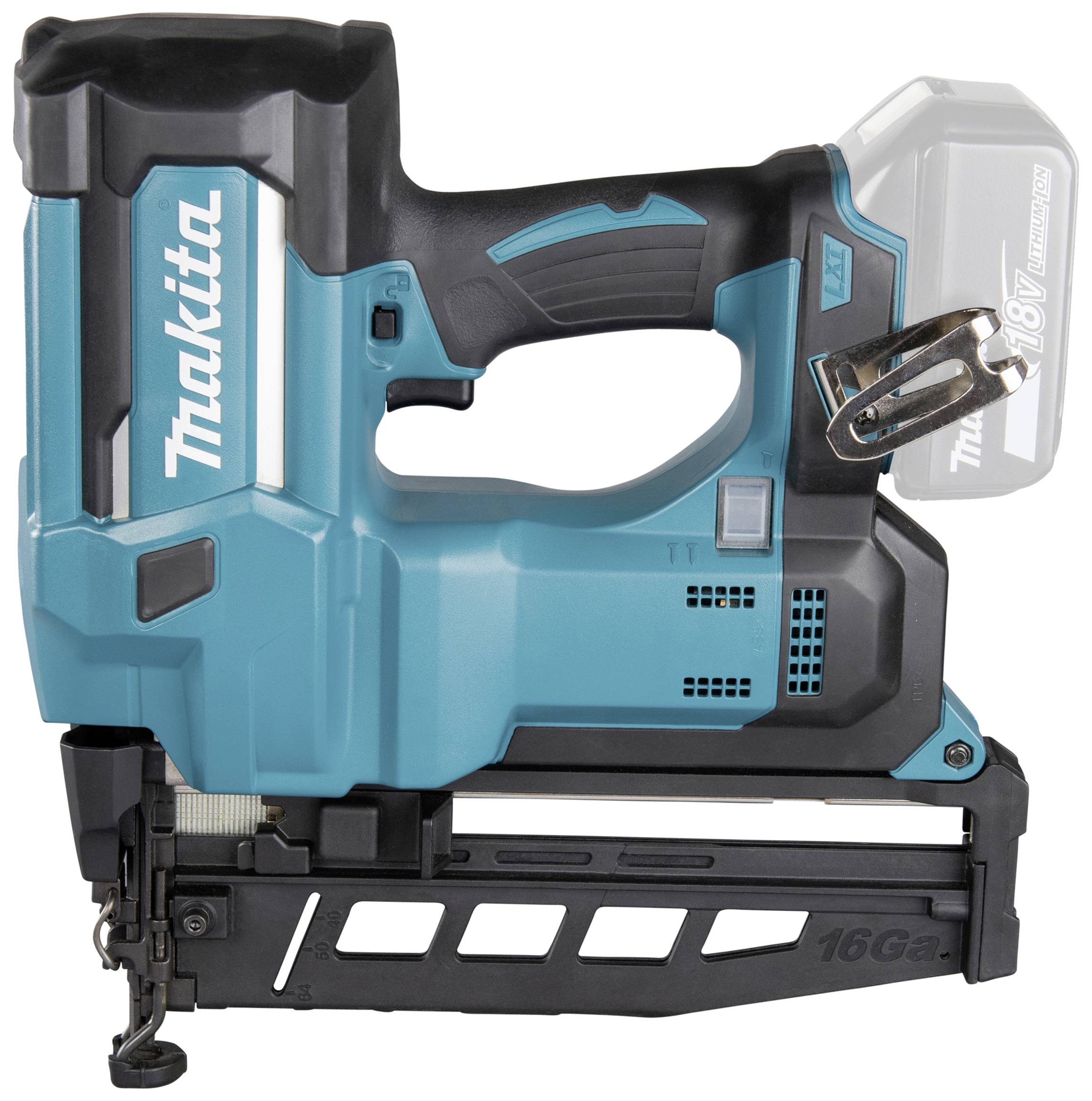 Ein kabelloser, blauer Nagler der Marke Makita. Das Gerät ist kompakt und hat einen ergonomischen Griff, geeignet für Holzarbeiten.