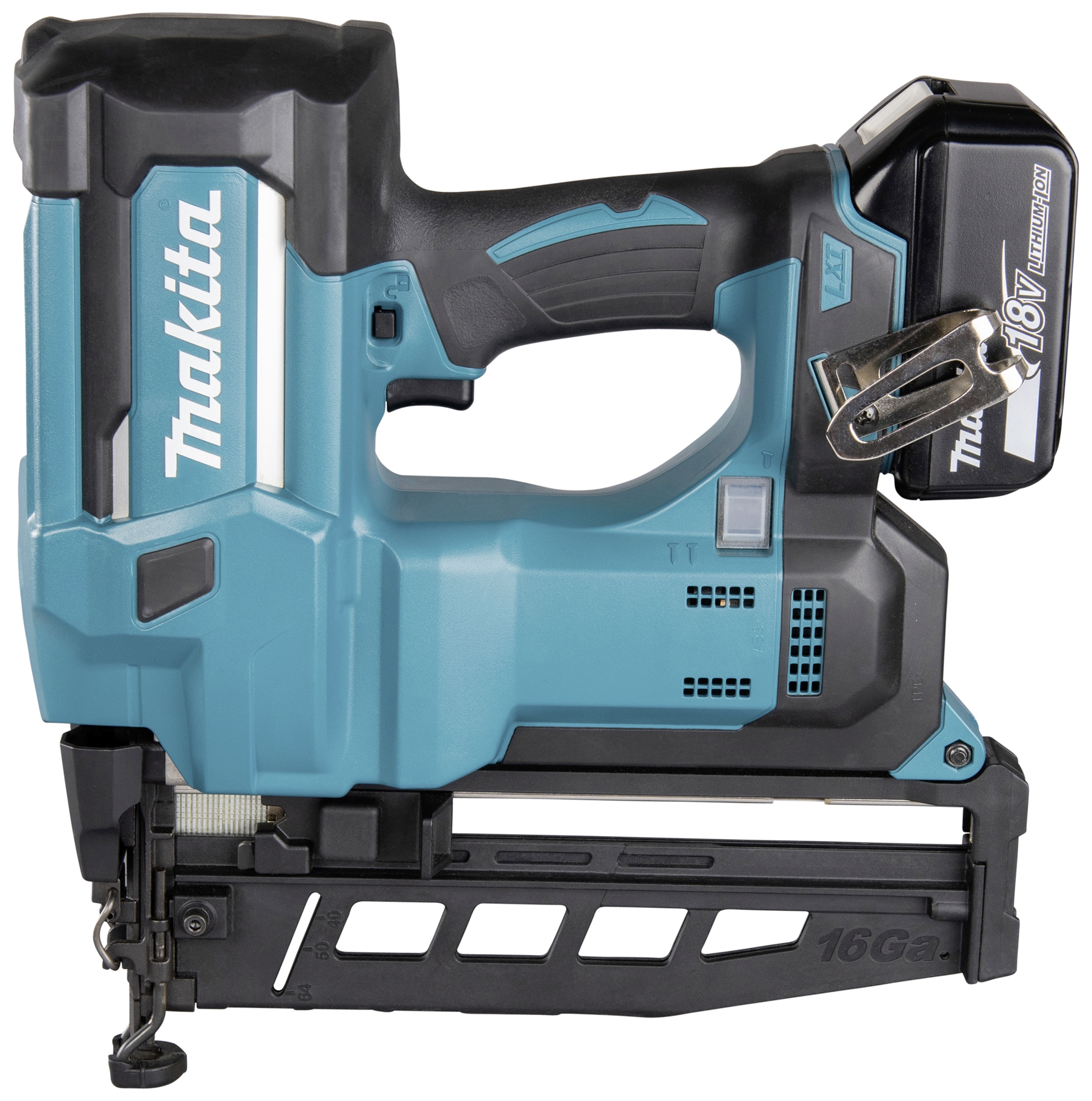 Akkubetriebener, blauer Nagler mit schwarzem Griff und 'Makita'-Logo. Verwendet 18V Akku, geeignet zum schnellen Befestigen von Materialien.