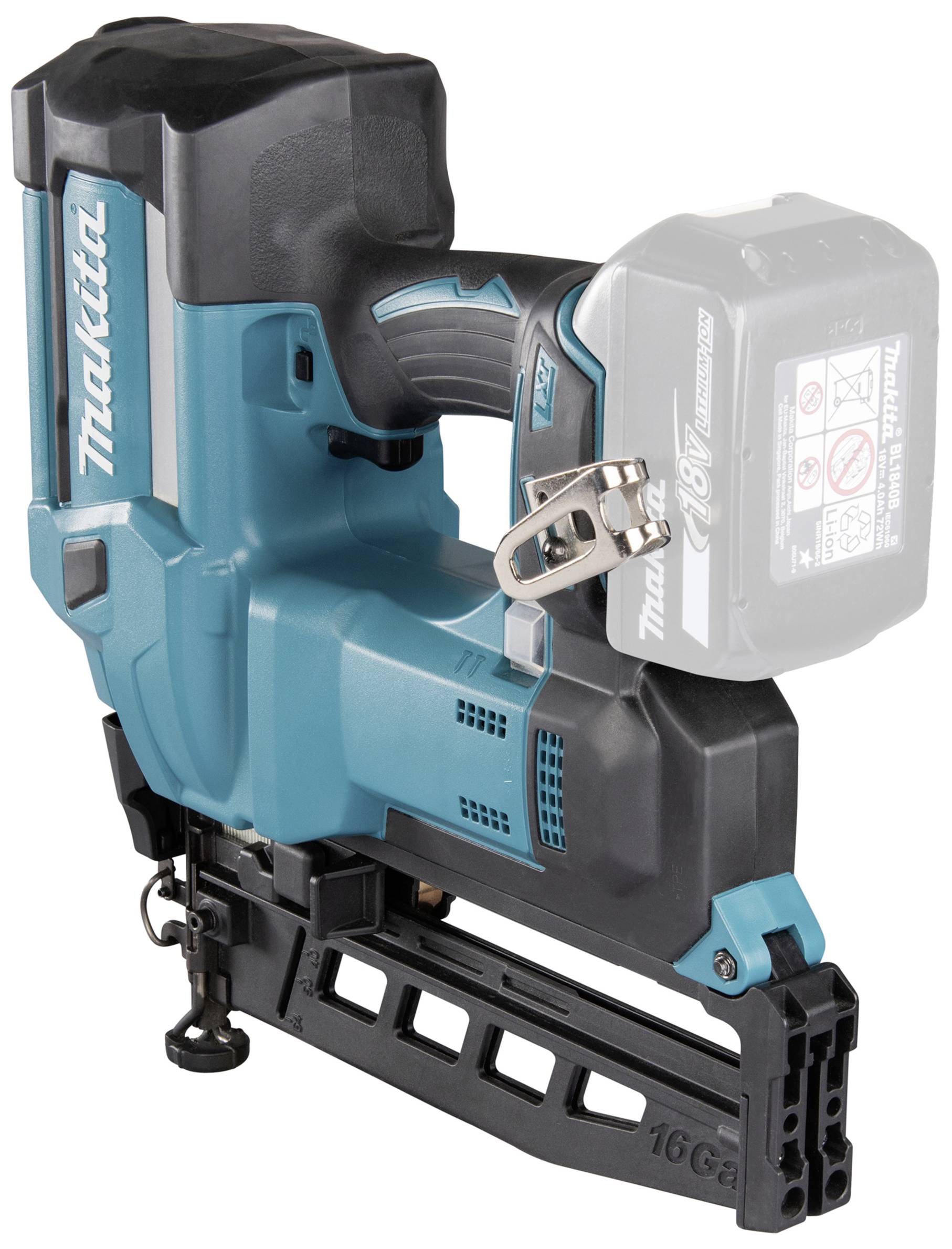 Ein kabelloser, blauer Nagler von Makita, Modell XTP02Z. Geeignet für präzises Nageln in Holz. Batteriebetrieben und handlich.