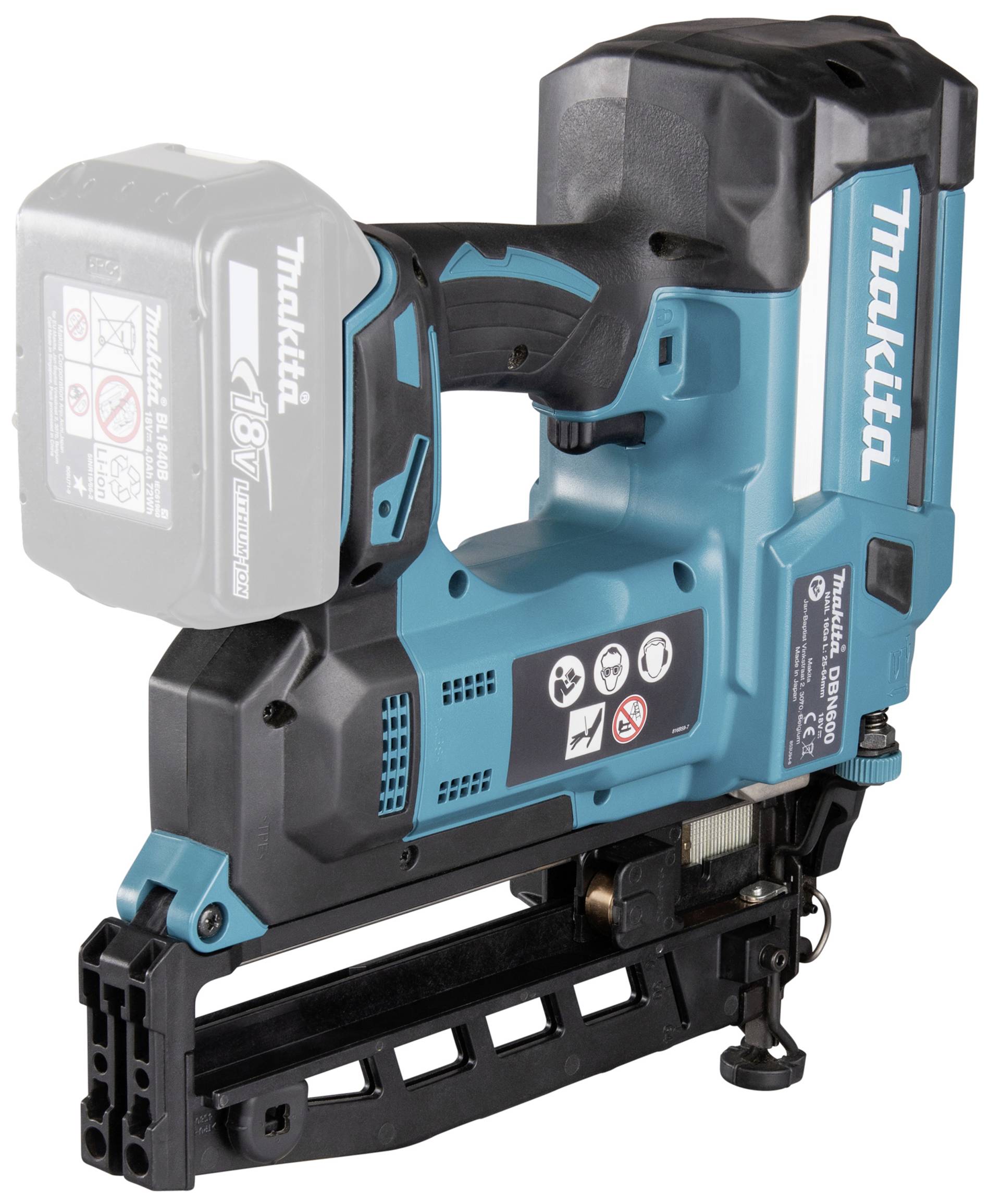 Kabelloser, blauer Nagler mit schwarzem Griff und 18V-Akku, geeignet für Bauarbeiten in Innen- und Außenbereichen.
