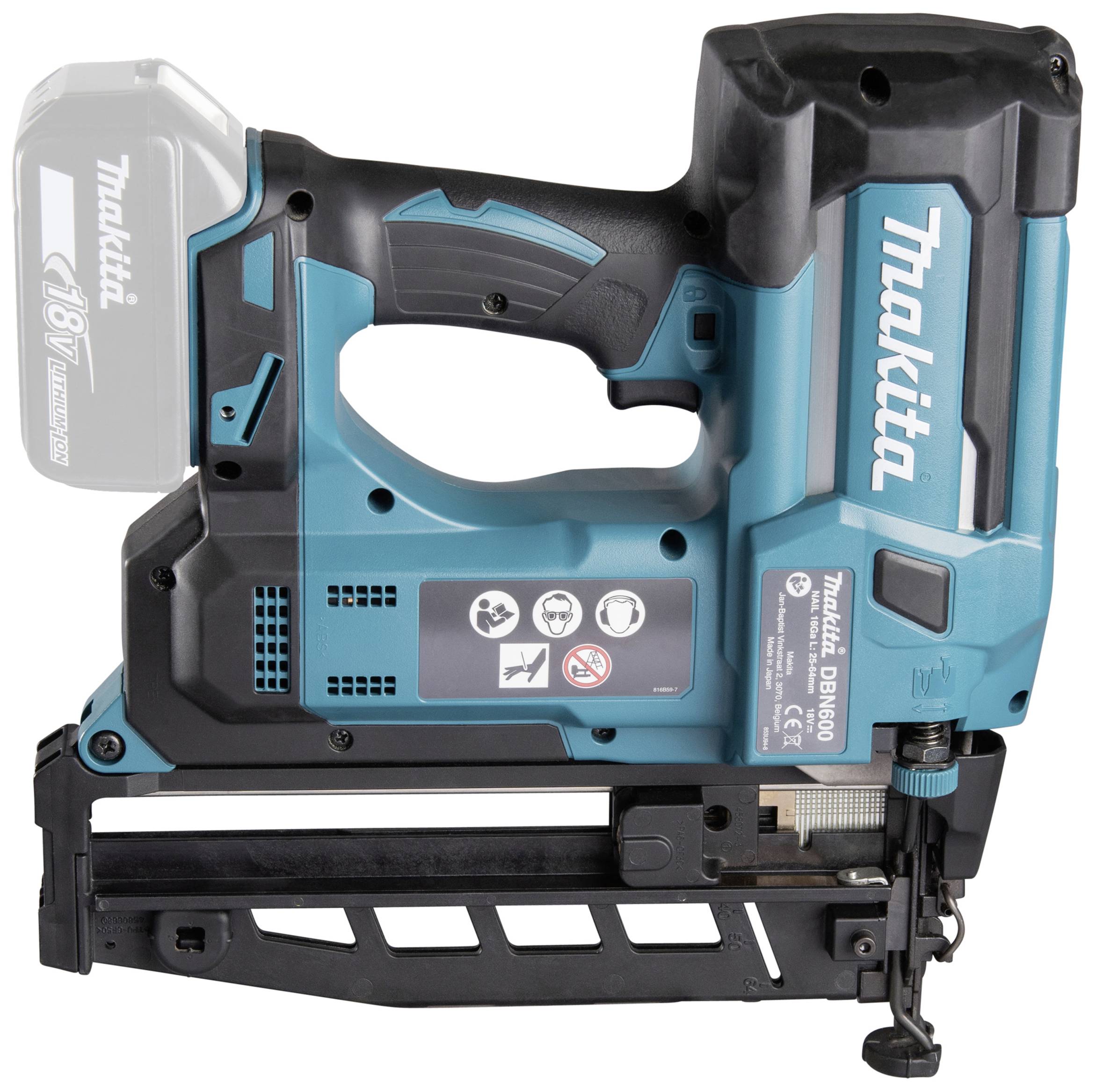 Eine kabellose Akku-Nagelpistole der Marke Makita, Modell DBN600, dient zum Befestigen von Werkstoffen.
