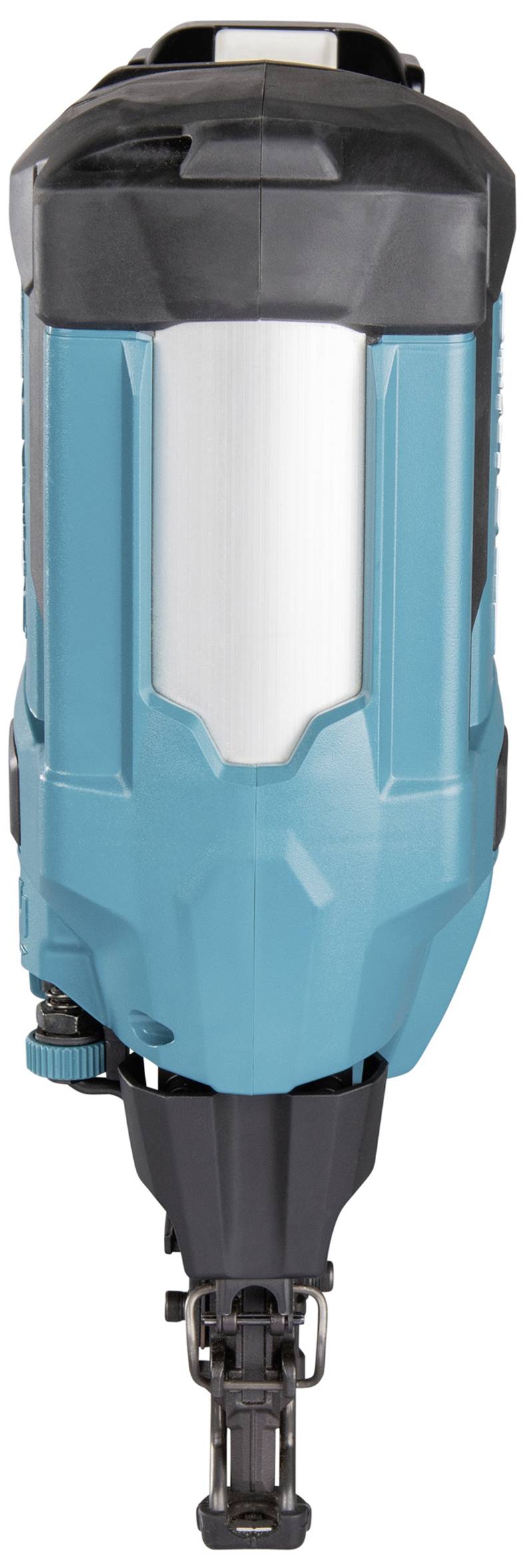 Ein blauer Nagler mit schwarzem Griff und Druckluftanschluss, vor einem weißen Hintergrund. Werkzeuge für Bau- und Holzarbeiten.