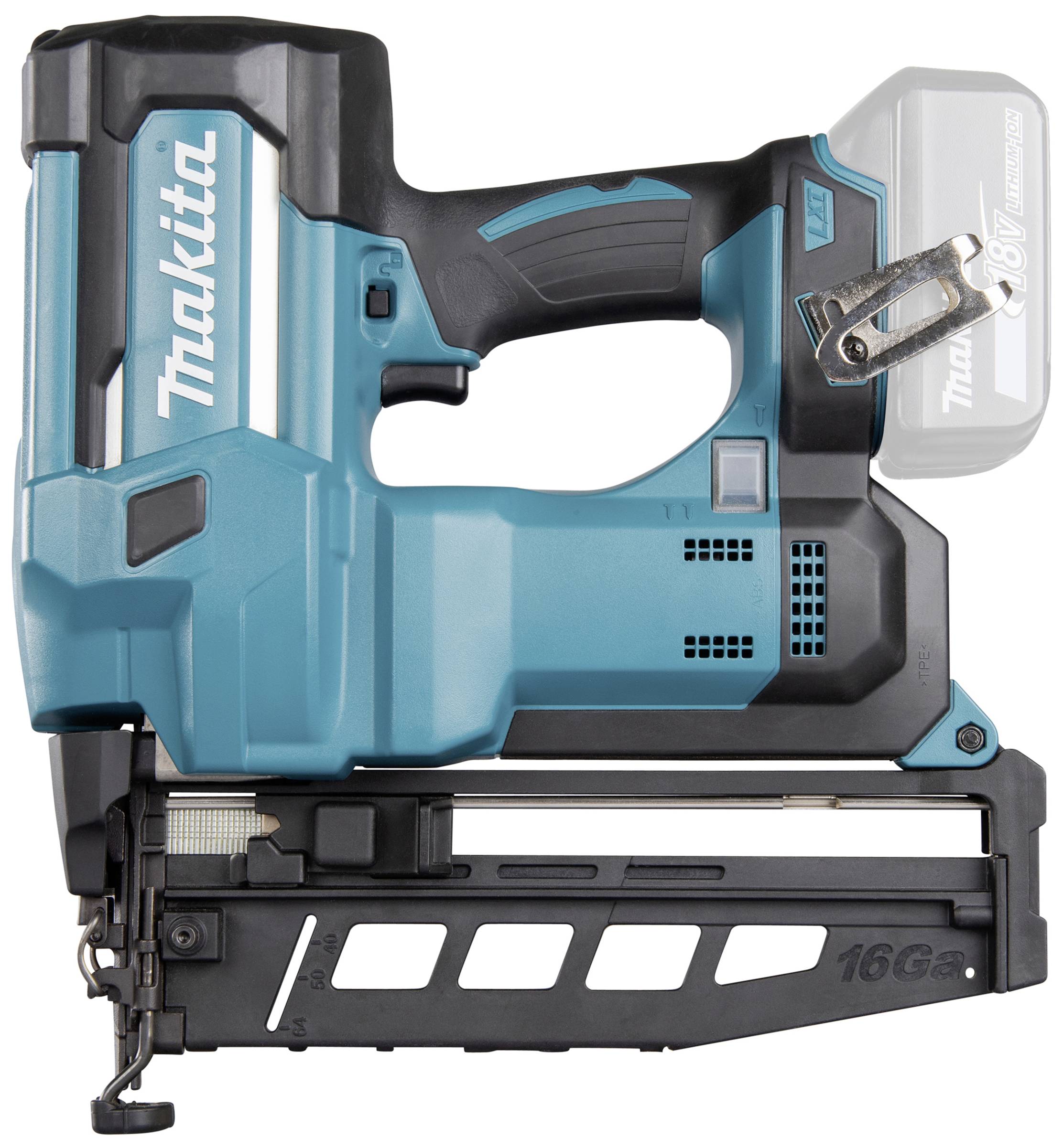 Nagelpistole der Marke Makita mit blauem Gehäuse und leicht durchscheinendem Akku. Geeignet für präzise Holzbearbeitung.