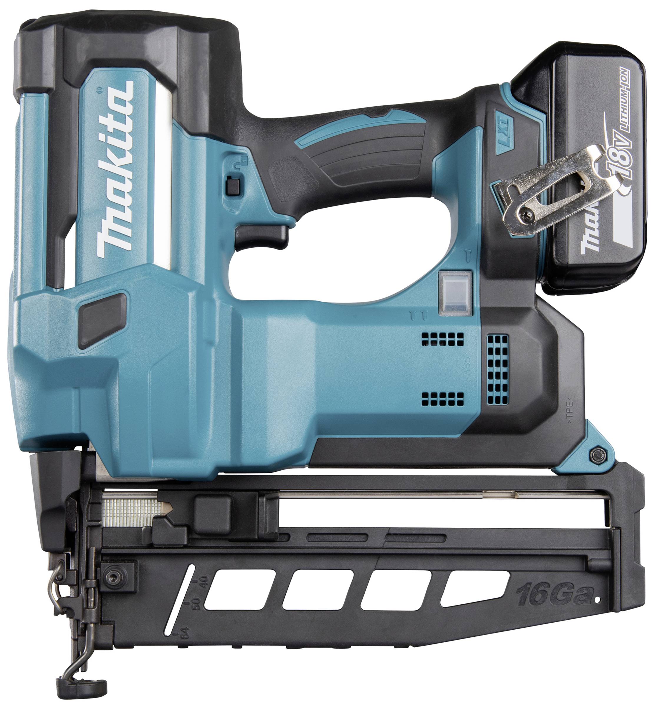 Ein kabelloses Makita Nagelgerät in Türkis und Schwarz, Akku oben, geeignet für handwerkliche Arbeiten.