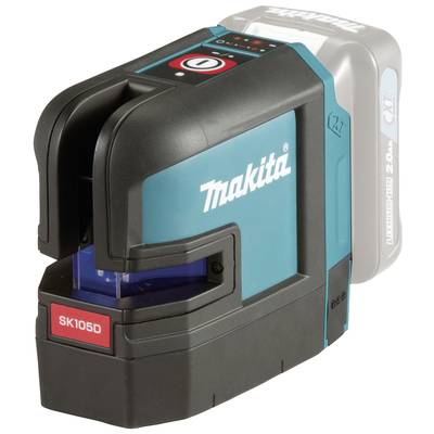 Ein blauer und schwarzer Makita-Linienlaser mit Batteriefach. Modell 'SK105D', kompakt und handlich, zum präzisen Ausrichten.