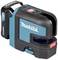 Ein blauer und schwarzer Makita Kreuzlinienlaser mit Batterieeinschub, Modell SK105D, zeigt Bedienelemente auf der Oberseite.
