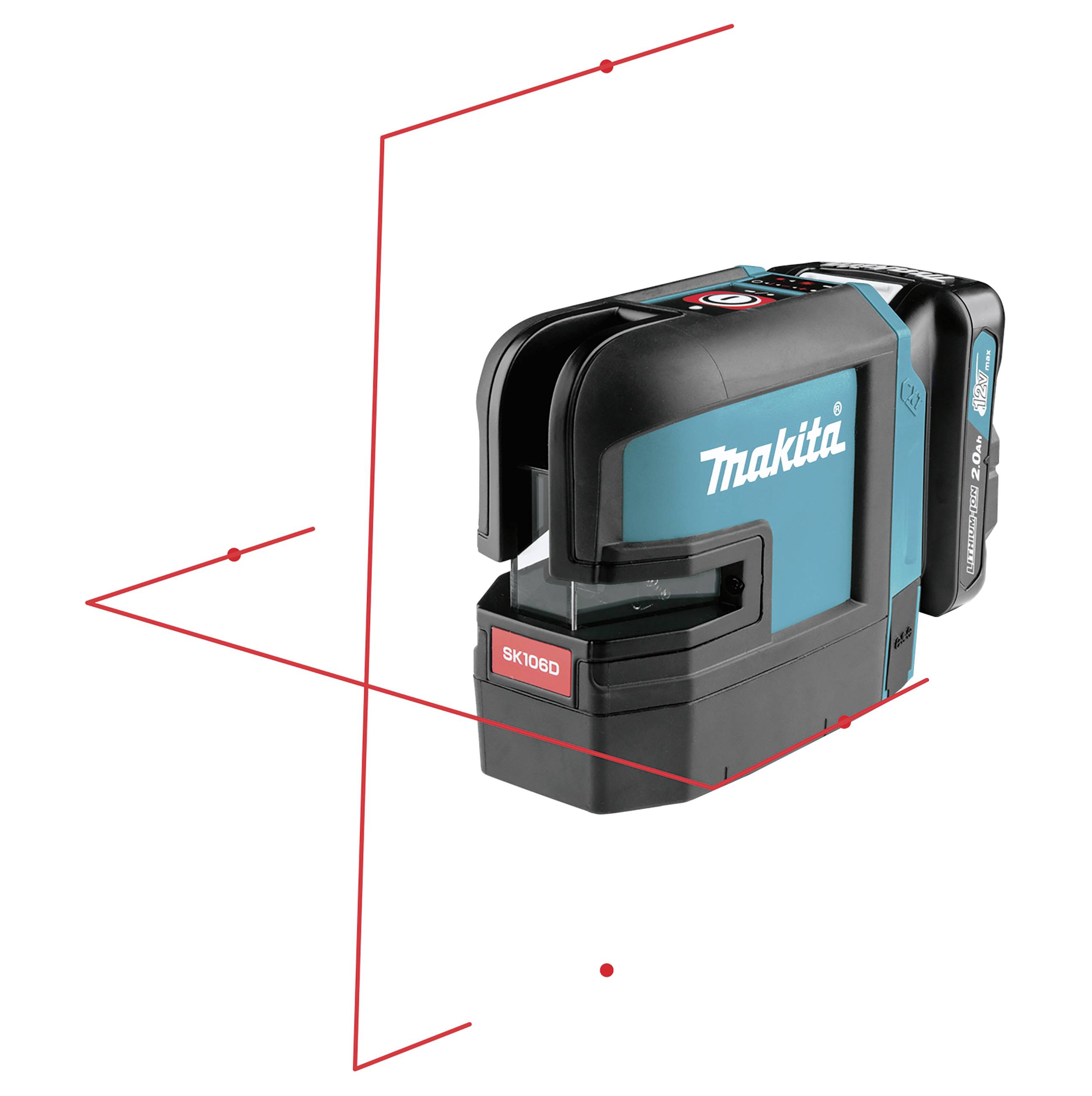 Makita Kreuzlinienlaser, blau, mit rotem Laserstrahl, auf Stativ montiert. Ideal für präzise Bau- und Renovierungsarbeiten.
