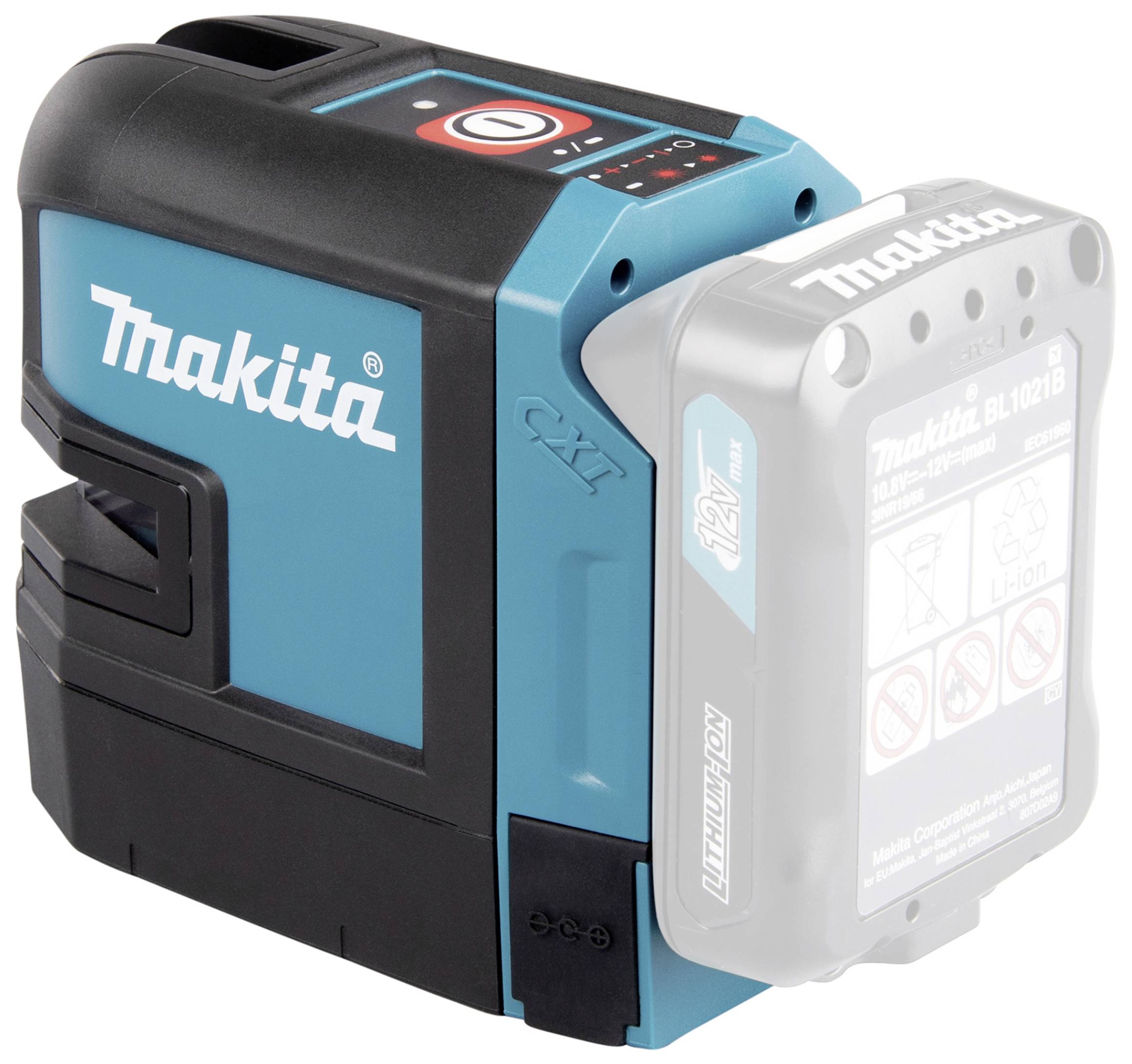 Ein tragbarer Makita-Laser-Level mit einem blau-schwarzen Gehäuse, geeignet für präzise Messungen auf Baustellen oder Heimwerkerprojekten.