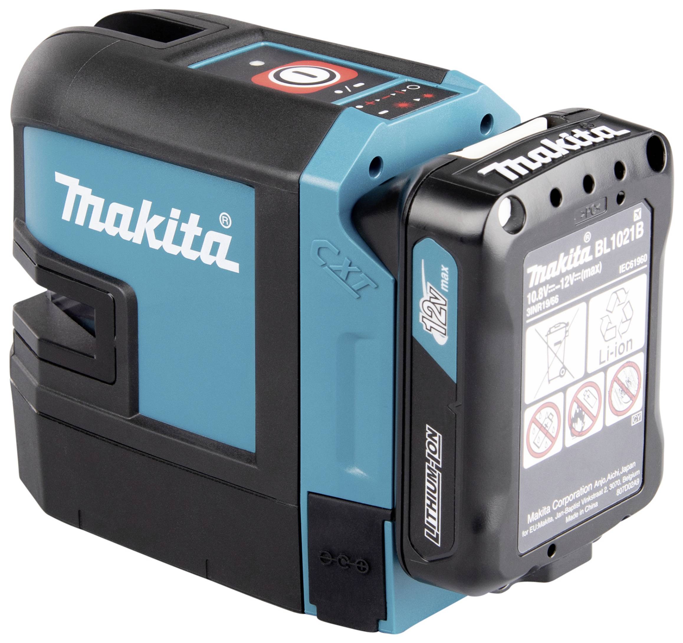 Makita-Laserlevelgerät in Schwarz und Blau mit aufgestecktem Akku. Markenlogo sichtbar auf Vorder- und Rückseite.
