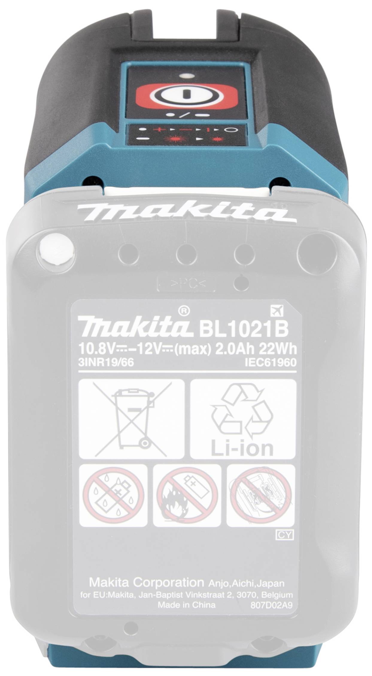 Ein Makita-Lithium-Ionen-Akku-Modell BL1021B mit Spezifikationen: 10,8-12V, 2,0 Ah, 22Wh. Enthält Sicherheits- und Entsorgungssymbole.