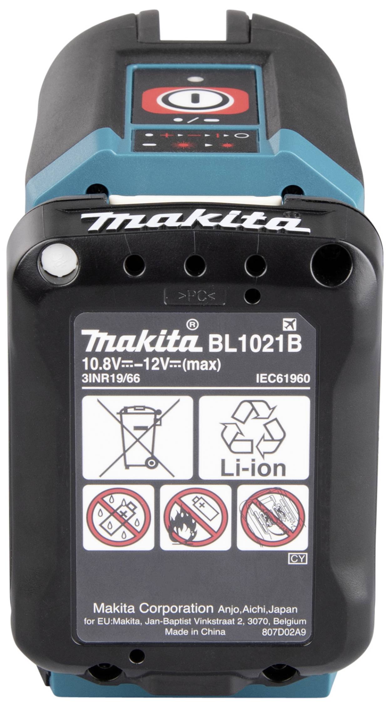 'Makita Akku BL1021B, 10,8V-12V max, Li-Ion, Eigenschaften: 4 LEDs für Ladezustand, Schaltersymbol für Ein/Aus, Symbolik für Recycling und Entsorgung.'