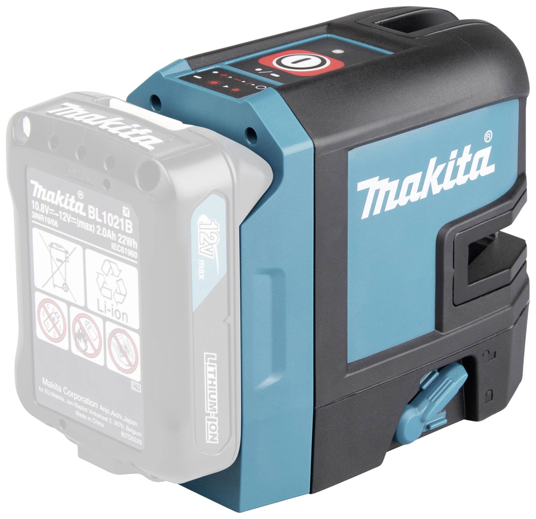 Ein tragbares, blau-schwarzes Makita-Lasergerät mit einem transparenten Gehäuse, in dem sich ein Akku befindet. Anzeigetafel oben.