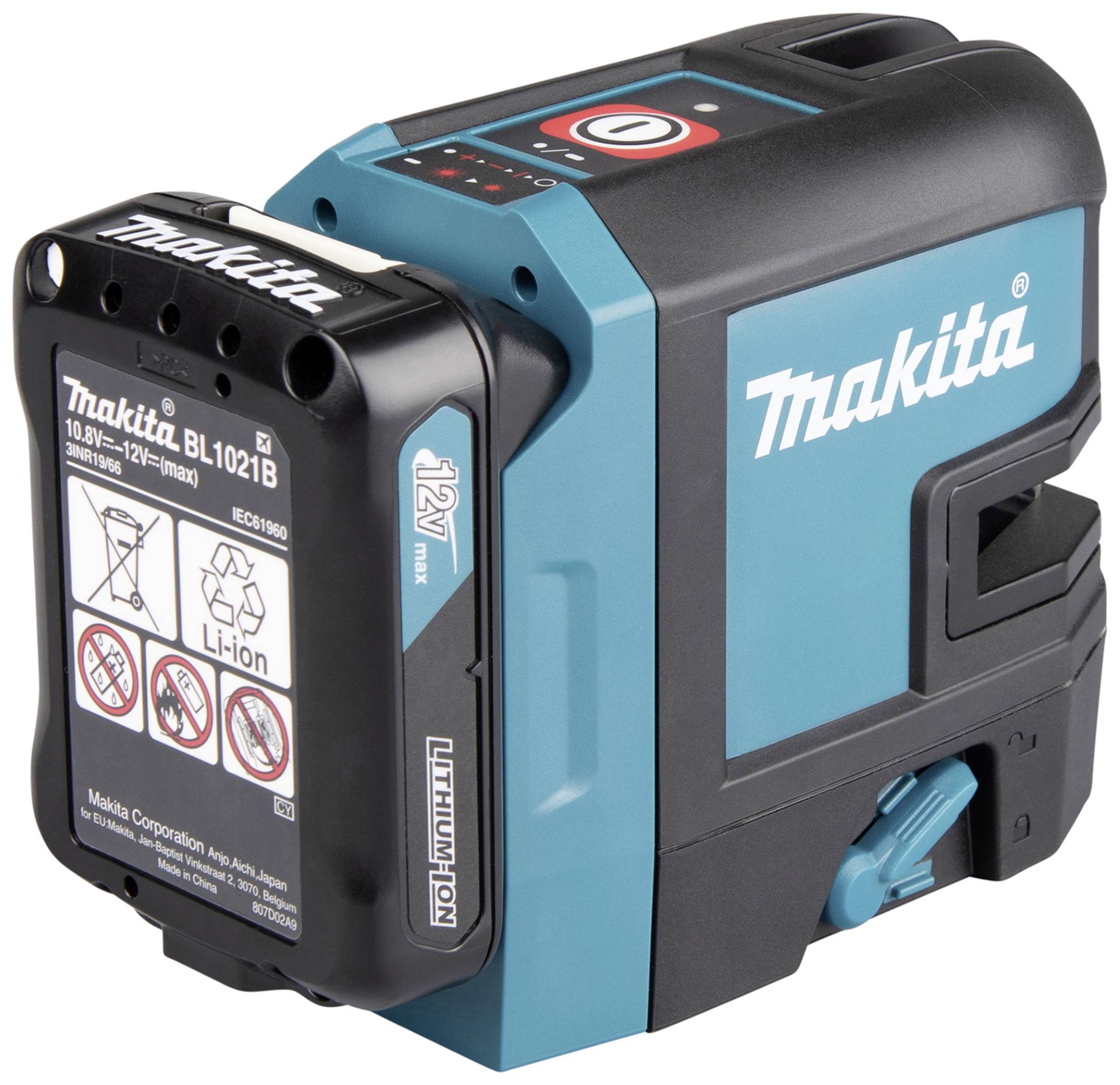 Ein blauer Makita 12V Akku mit technischer Beschriftung und Unternehmenslogo. Der Akku ist für Elektrowerkzeuge konzipiert.