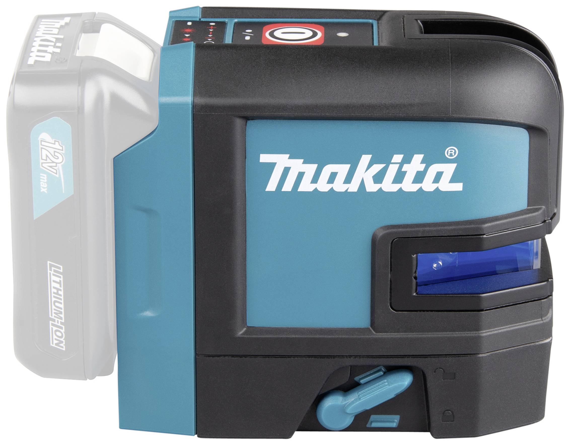 Blauer Makita-Linienlaser mit schwarzem Gehäuse. Sichtbare Bedienelemente und Lichteinheit auf der Vorderseite.