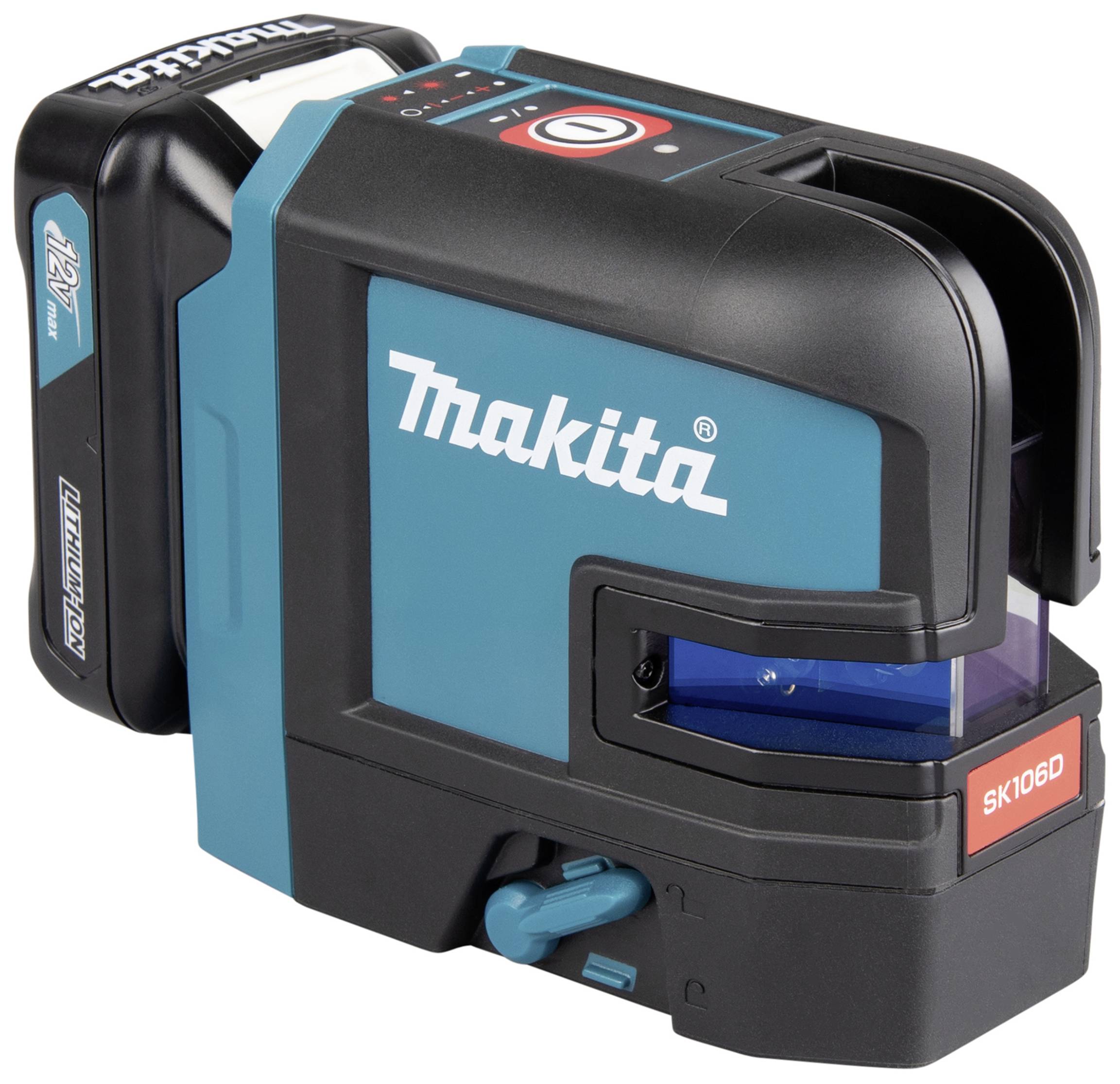 Ein blauer und schwarzer Makita-Linienlaser SK106D, kompakte Bauform, mit Bedienelementen oben, geeignet für präzises Nivellieren.