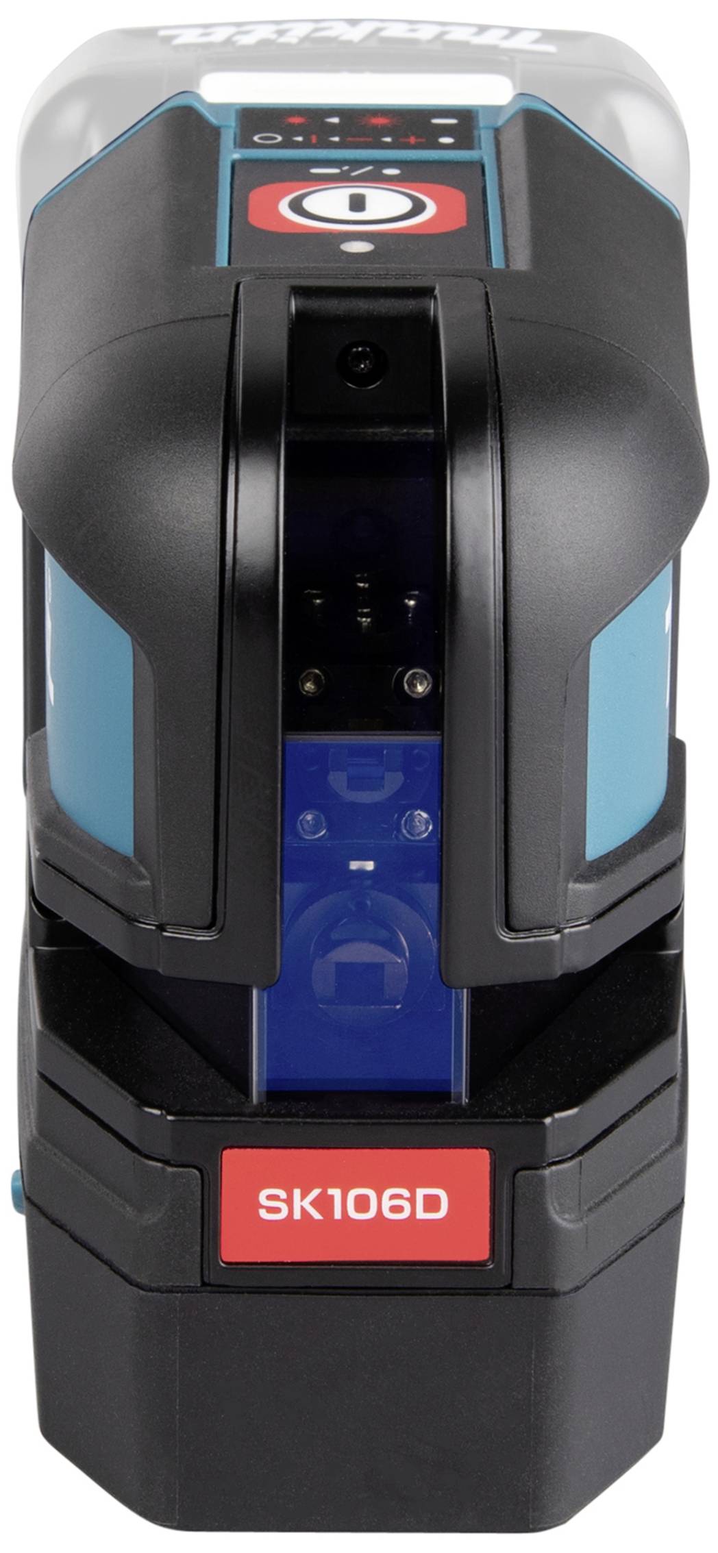 Ein Lasernivelliergerät mit einem roten Display, das die Modellnummer 'SK106D' zeigt. Schalter und Einstellknöpfe auf der Oberseite.