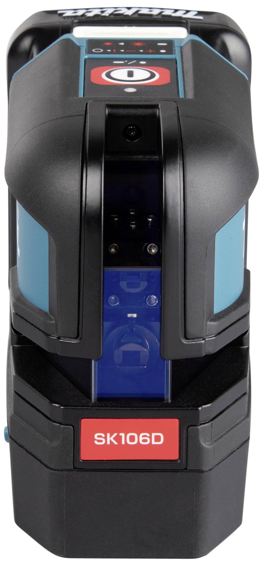 Laser-Nivelliergerät mit Display und Knopf, Modell SK106D, zeigt Batterieanzeige. Vorderansicht des Geräts in Schwarz und Blau.