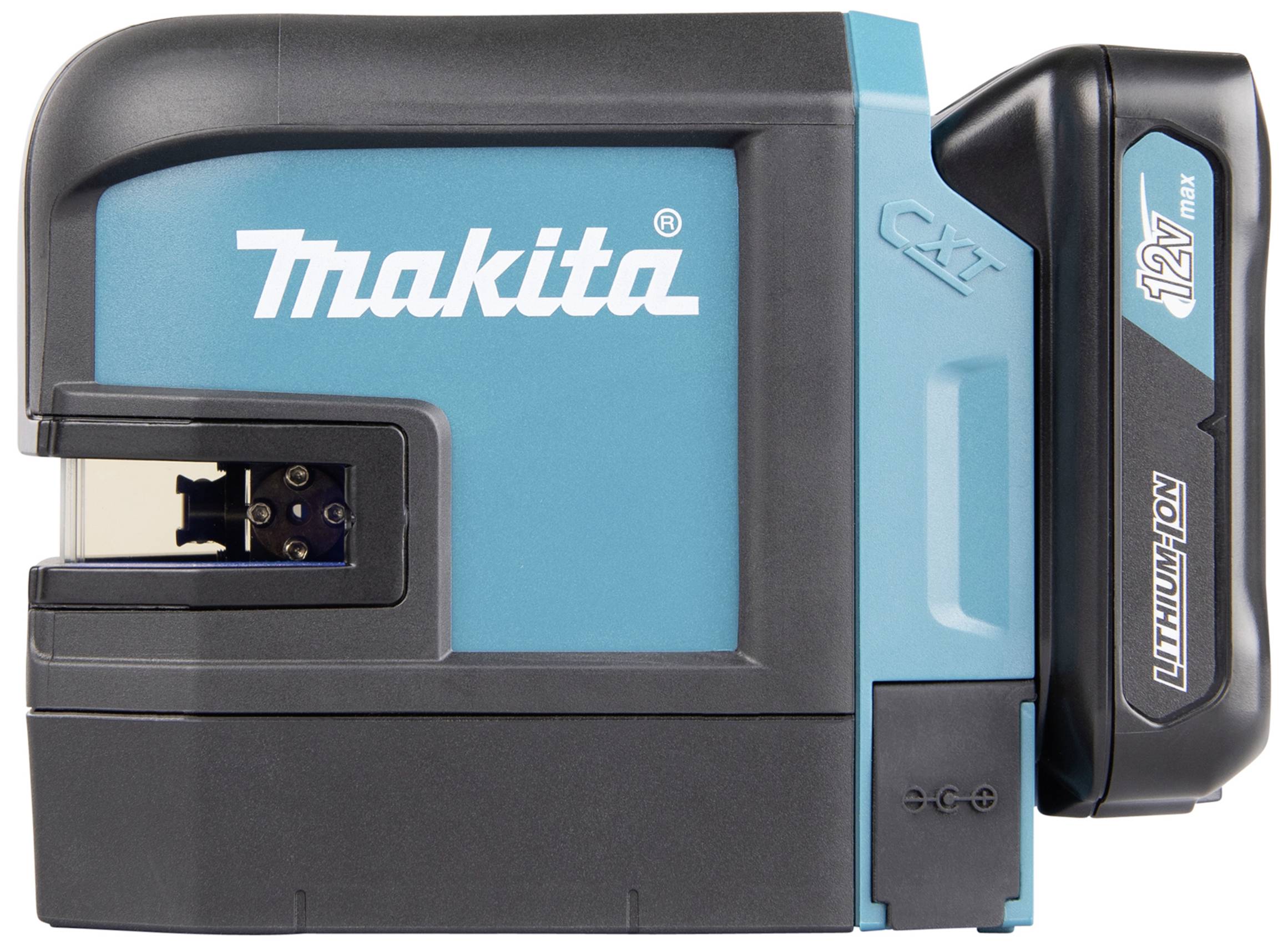 Akku-Kreuzlinienlaser der Marke Makita, Modell mit 12V Lithium-Ionen-Batterie, blaues und schwarzes Gehäuse.