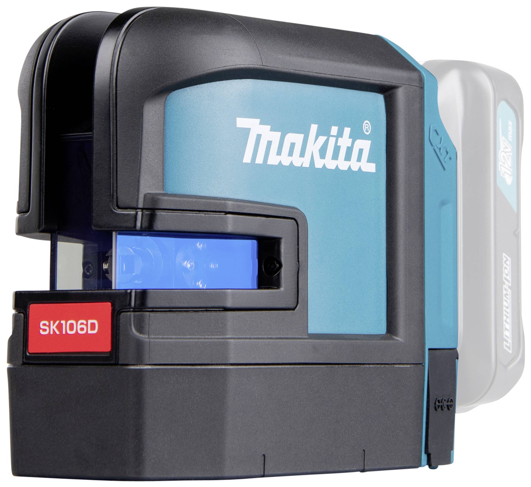 Laser-Entfernungsmesser von Makita in Schwarz und Blau mit Modellnummer SK106D auf der Vorderseite.