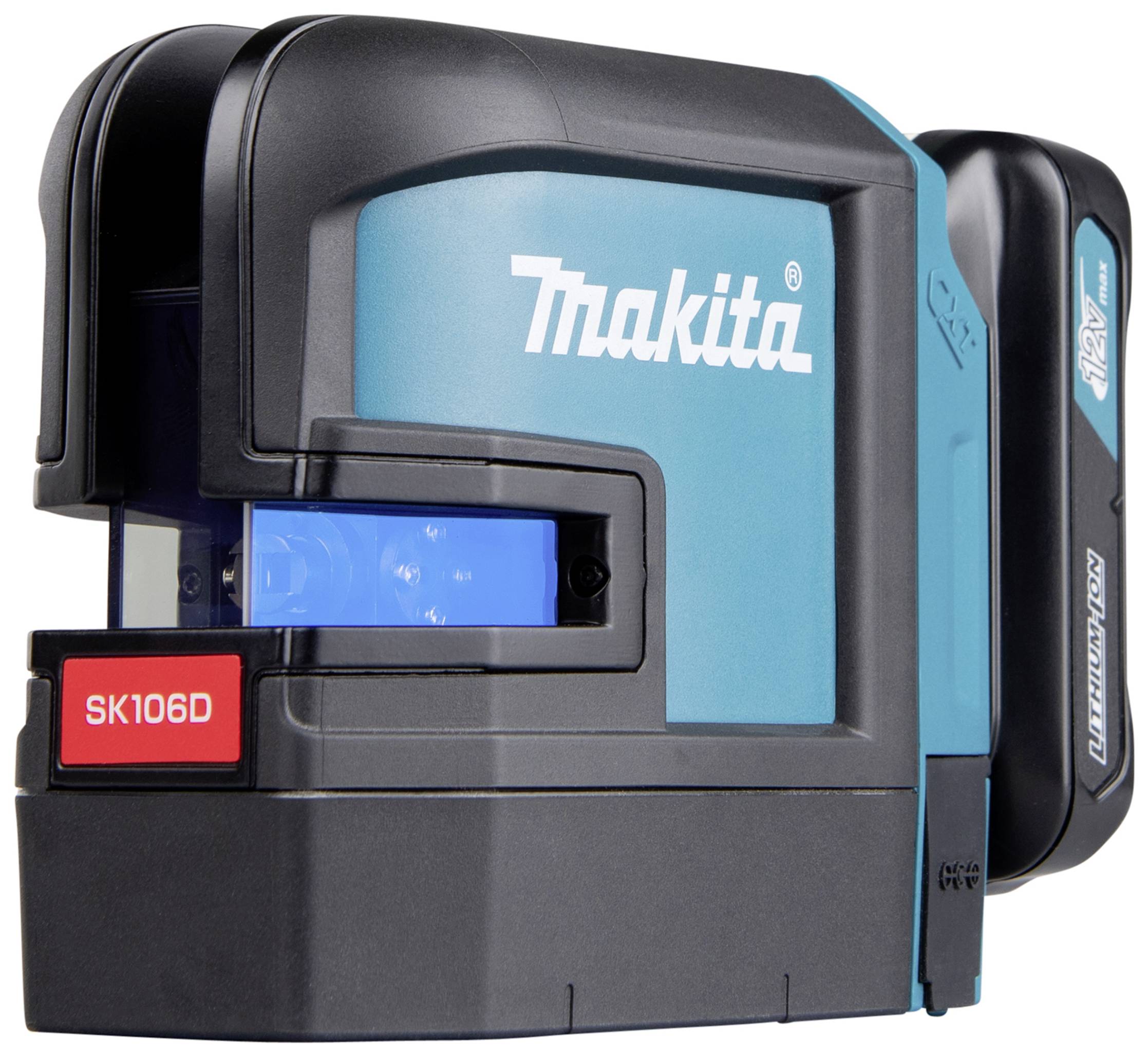 Ein Makita Kreuzlinienlaser SK106D mit Lithium-Ionen-Akku, in Blau und Schwarz, geeignet für genaue Nivellement-Arbeiten.