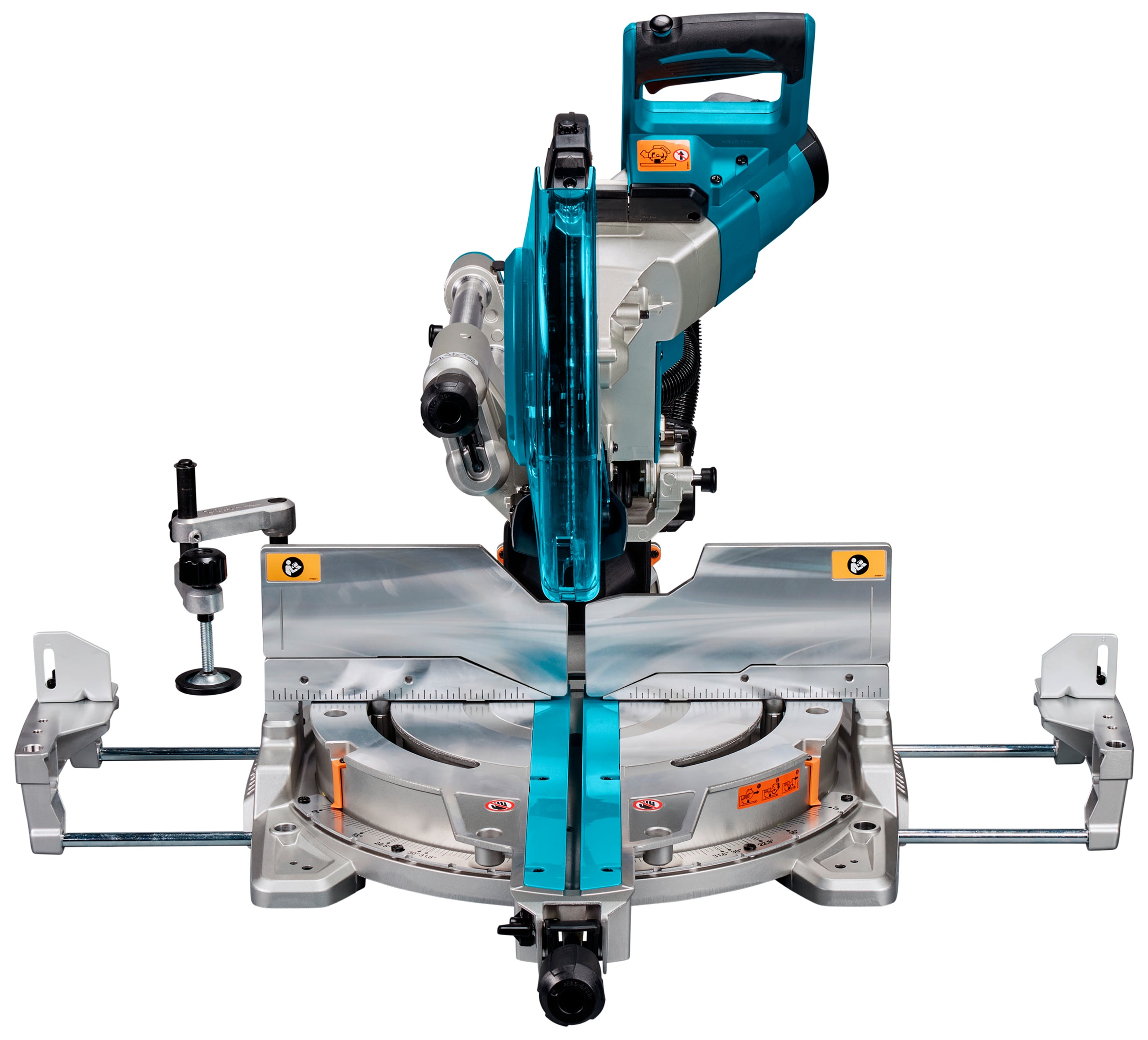 Kreissäge mit blauem Griff und Schutzabdeckung. Sie steht auf einem Metalltisch und ist für präzise Holz- oder Metallarbeiten geeignet.