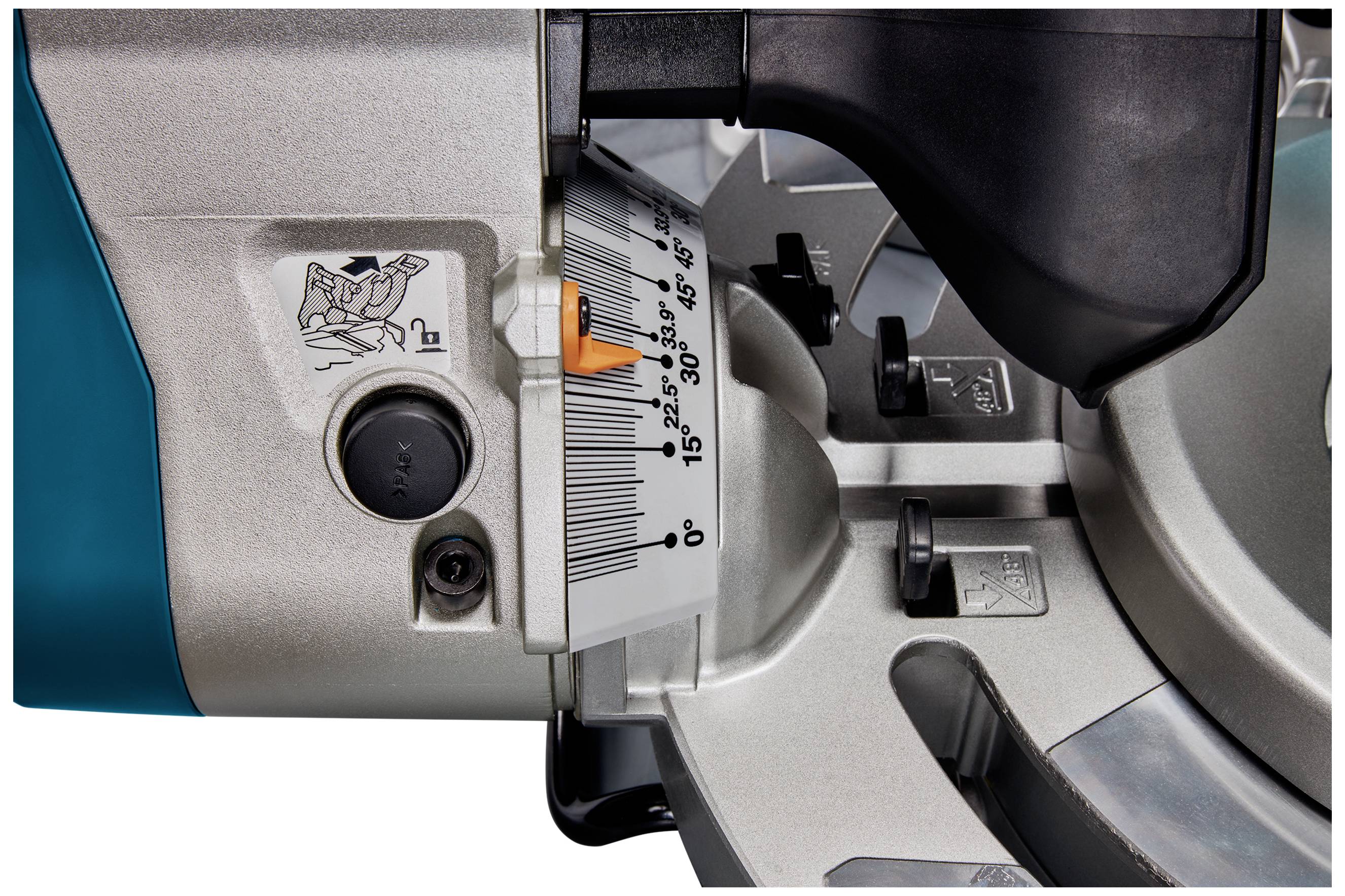 Ein Winkelmesser zeigt eine Skala von 0° bis 45° mit einem orangefarbenen Zeiger auf 31,6°. Daneben befinden sich Zahlen und Symbole.