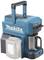 Akkubetriebene blaue Kaffeemaschine von Makita mit herausnehmbarer Edelstahlkanne und Tragegriff.