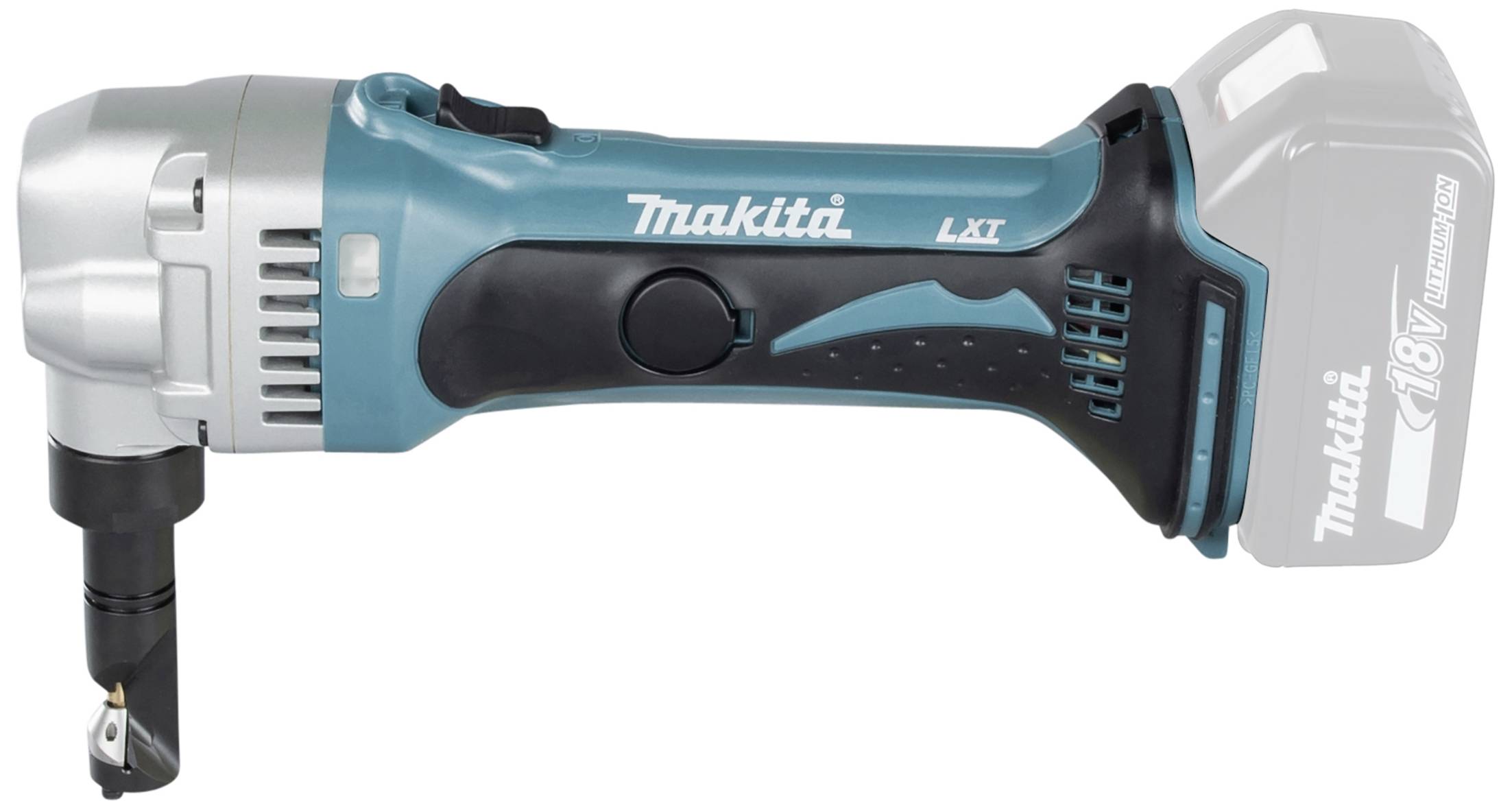Akku-Knabber in seitlicher Ansicht mit blau-schwarzem Gehäuse, Markennamen 'Makita' sichtbar. Geeignet für präzise Metallarbeiten.