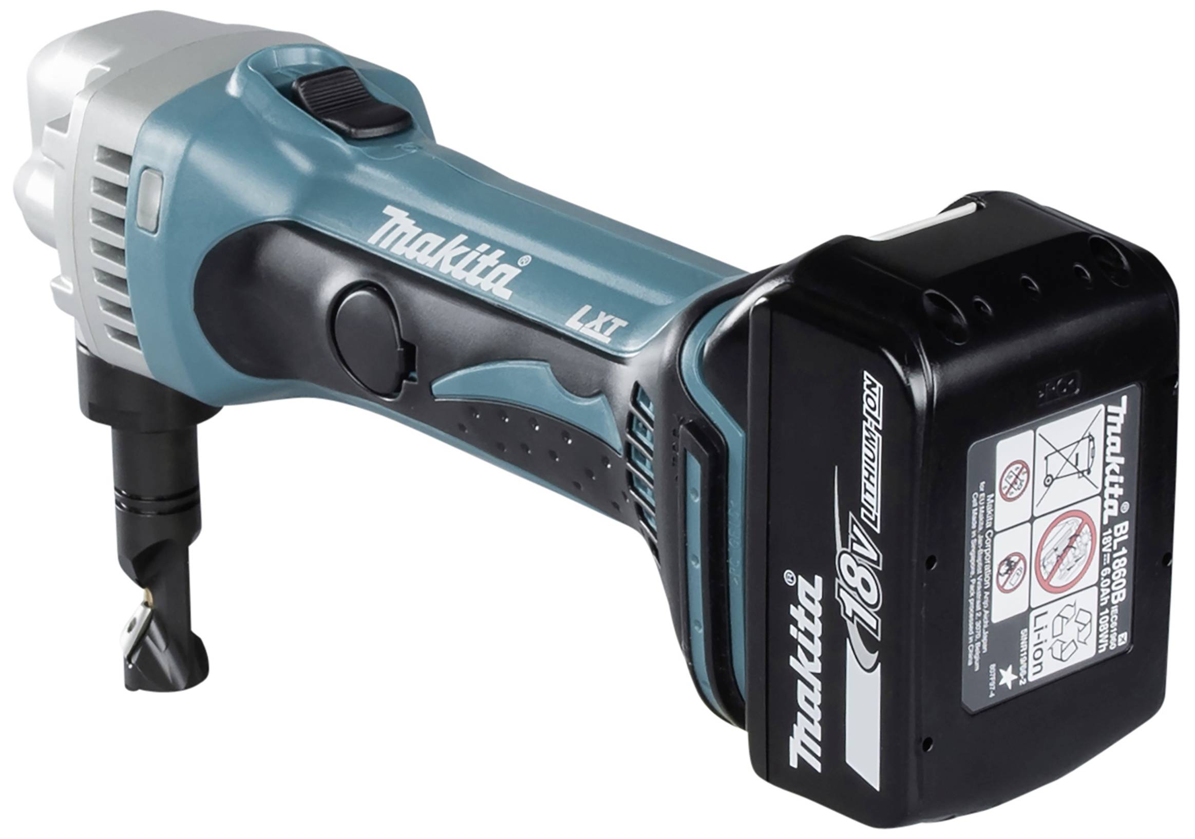 Kabelloses Makita 18V Akkuwerkzeug in Blau, Schwarz und Silber, geeignet für Schneidarbeiten.