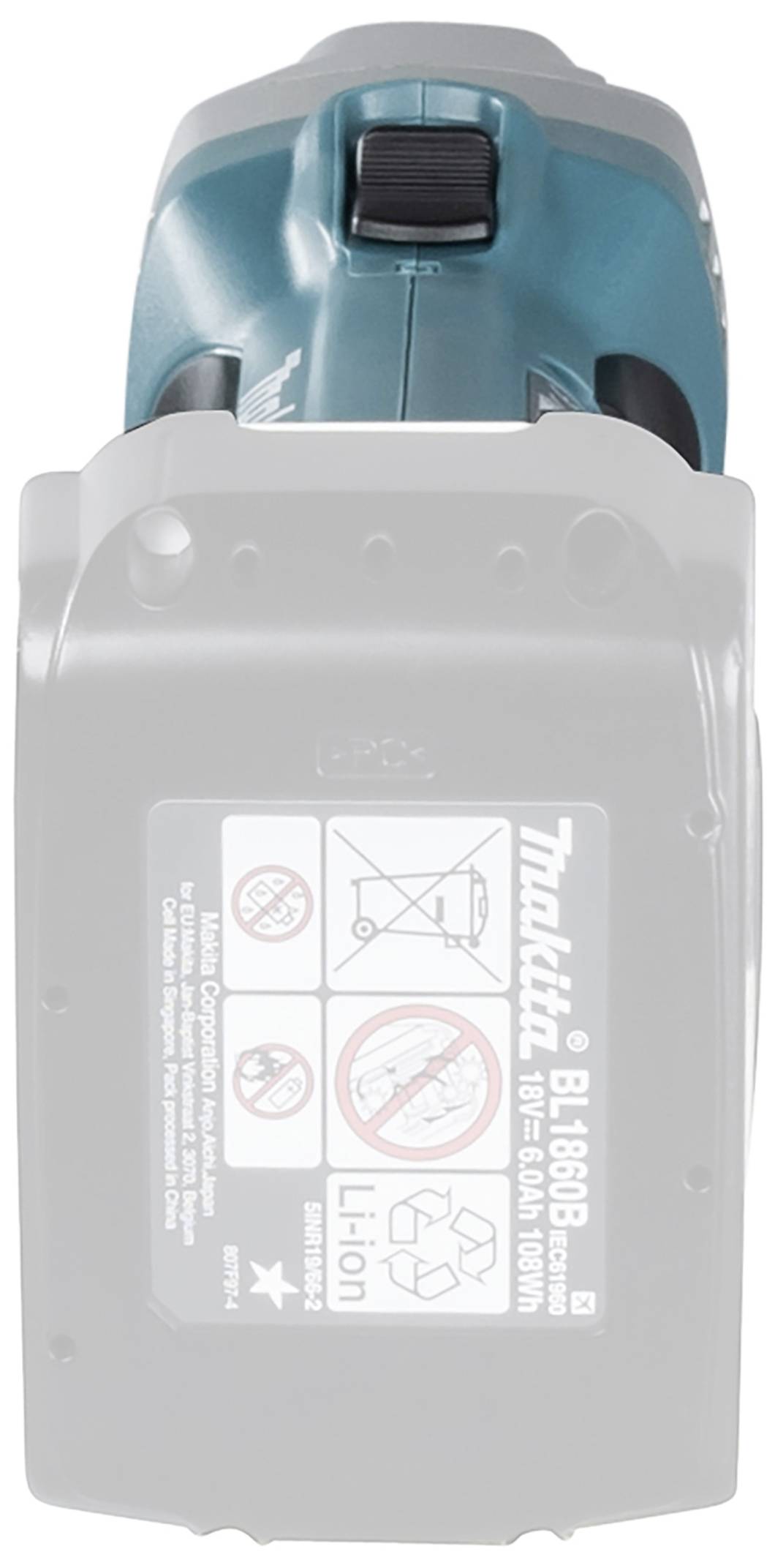 Ein Akku-Handstaubsauger mit grauer Batterie. Auf der Batterie sind Symbole für Sicherheitshinweise und der Markenschriftzug sichtbar.