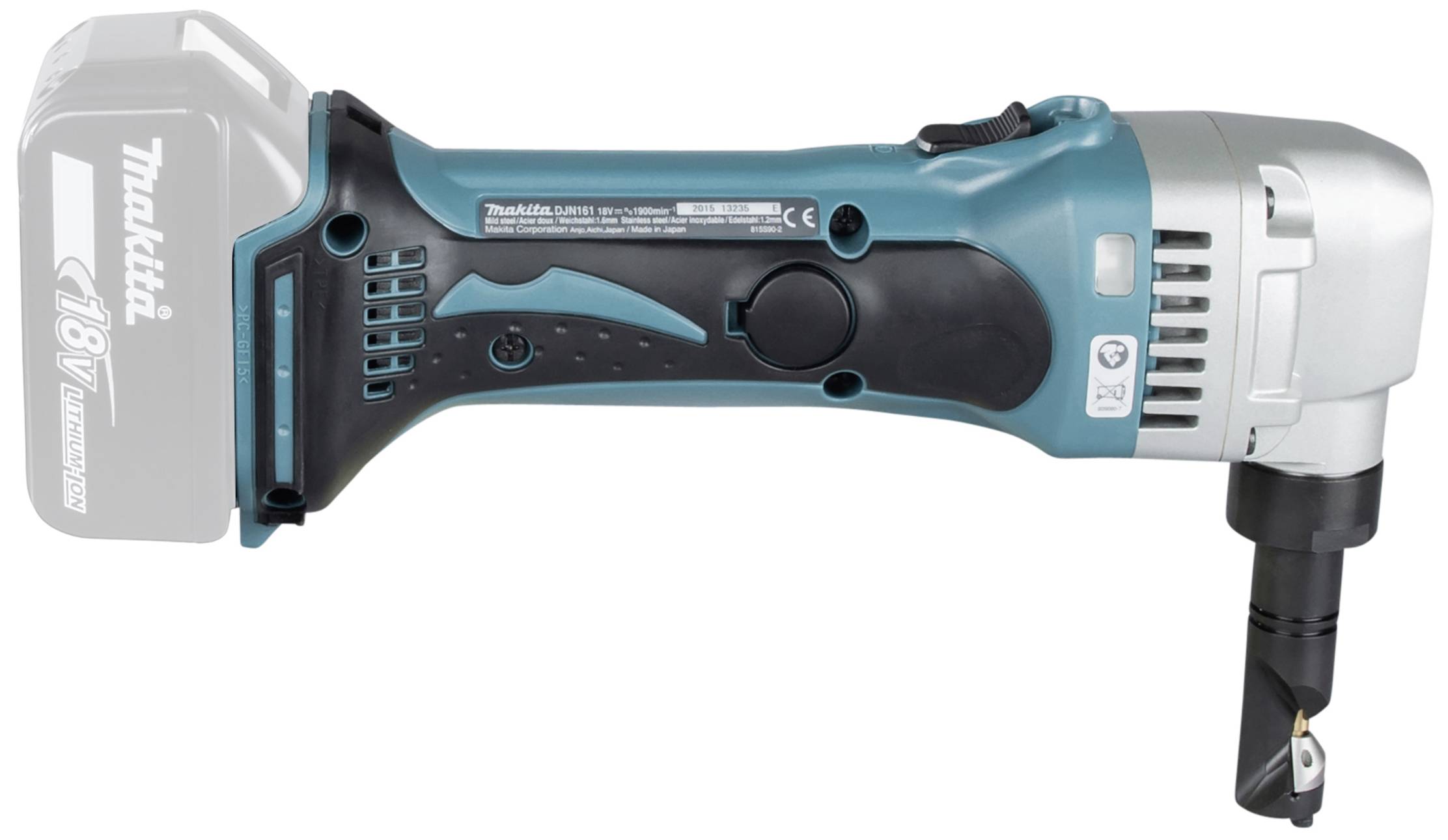 Akku-18V-Knabberschere in Blau und Silber. Werkzeug für präzise Metallschnitte in schwer zugänglichen Bereichen.