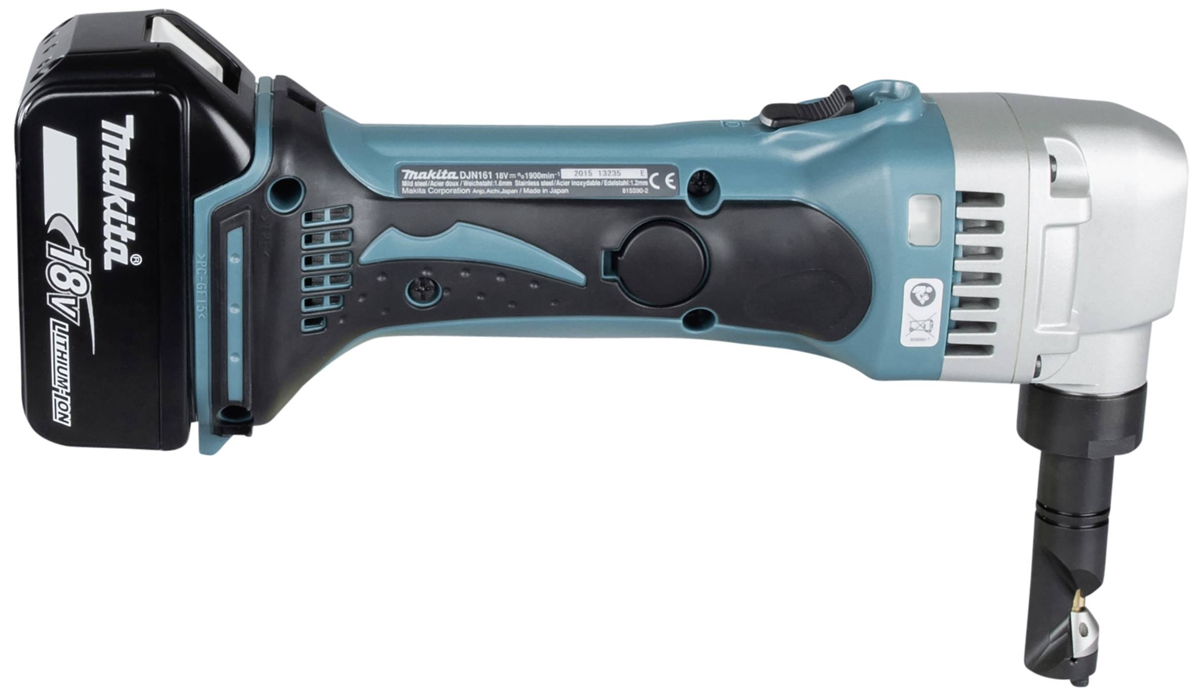 Akkuschere Makita 18V. Blaues Gehäuse, ergonomisches Design. Akku oben links, am Griff montiert. Schneidkopf rechts.