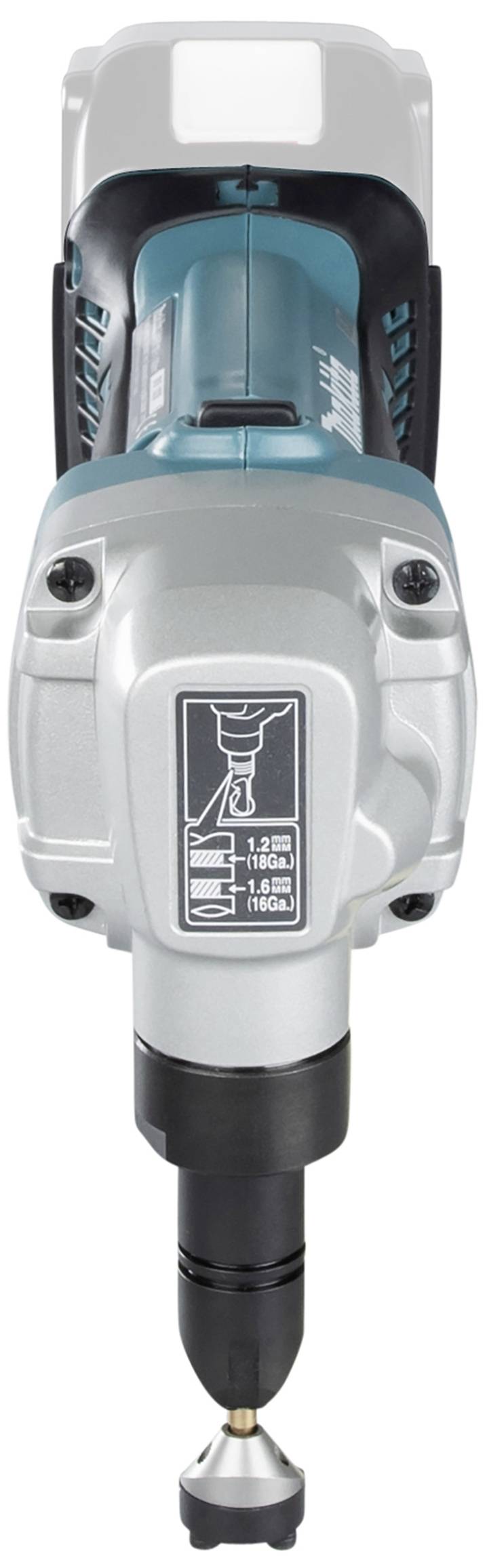 Elektrowerkzeug, vermutlich ein Bohrhammer, in Nahaufnahme von vorn. Hauptsächlich grau und blau gefärbt mit schwarzem Griff.