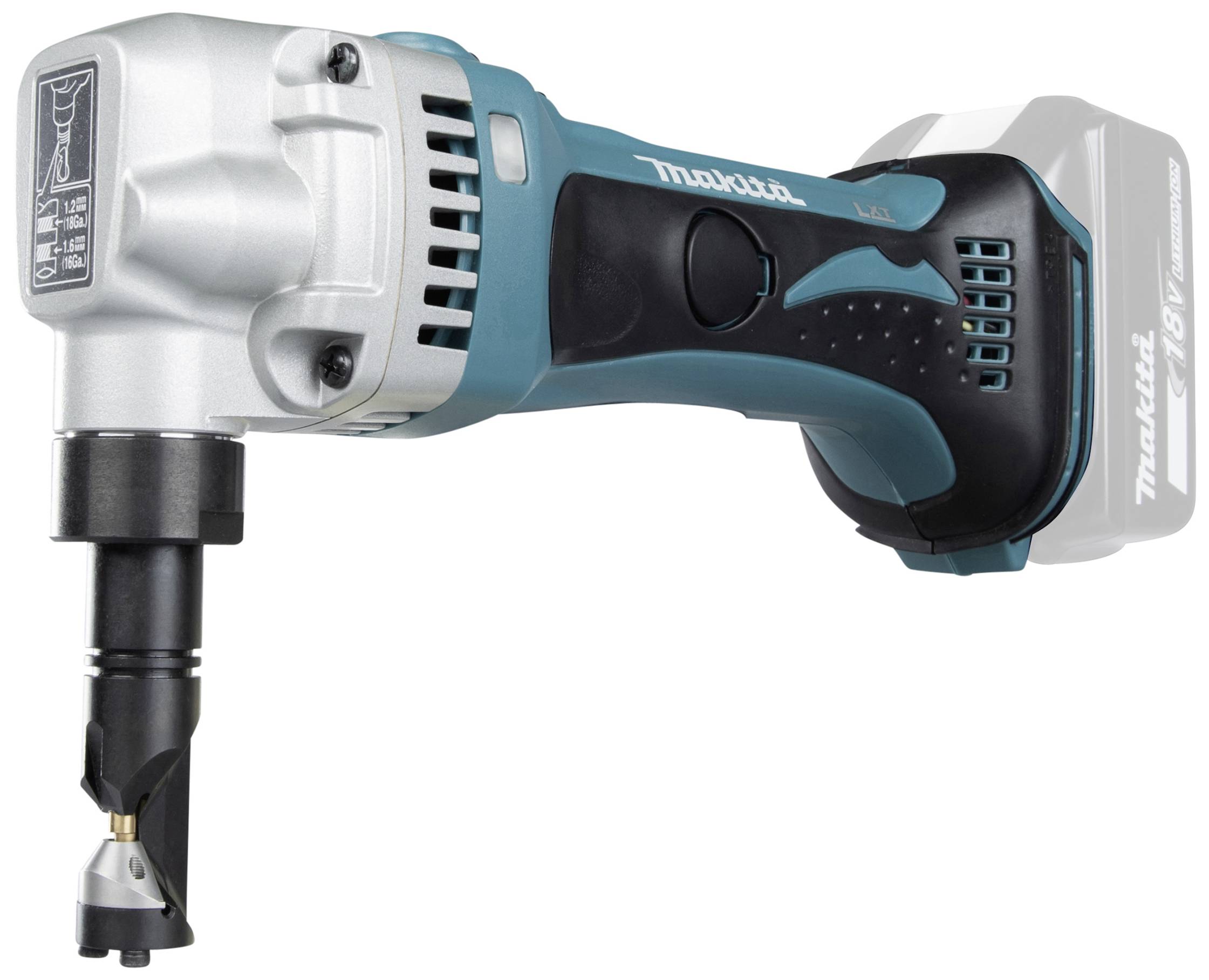 Ein handlicher, kabelloser Stanzschneider von Makita zum Schneiden von Metall. Kompaktes Design mit ergonomischem Griff.