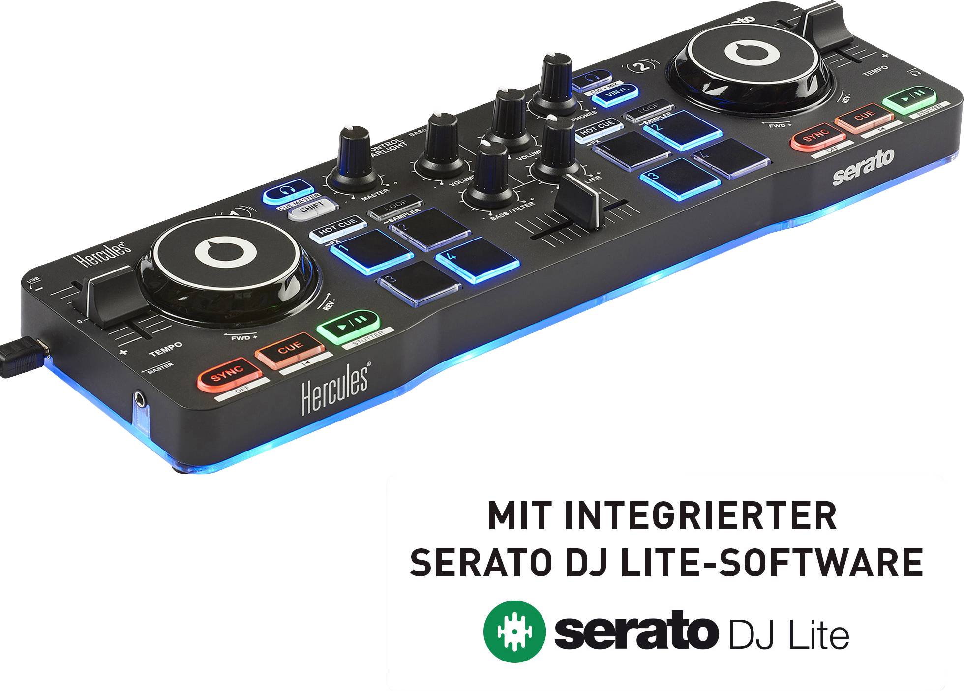 Ein DJ-Controller mit verschiedenen Reglern und beleuchteten Tasten. Text darunter: 'Mit integrierter Serato DJ Lite-Software'.