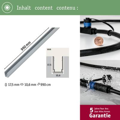 Inhalt: Aluminiumprofil, Länge: 990 mm, Querschnitt: 17,5 x 10,6 mm. Inklusive Garantie von 5 Jahren.