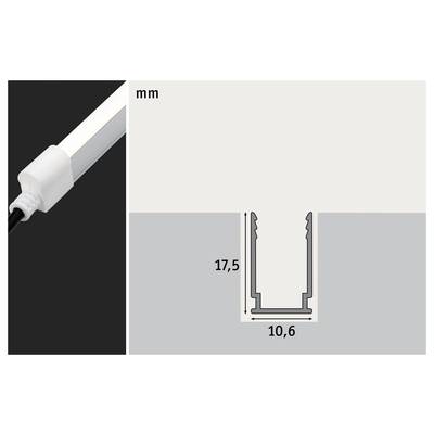 Profilansicht eines LED-Aluminiumprofils mit Abmessungen: Höhe 17,5 mm und Breite 10,6 mm. Links ein Teil des Profils mit Stromanschluss.